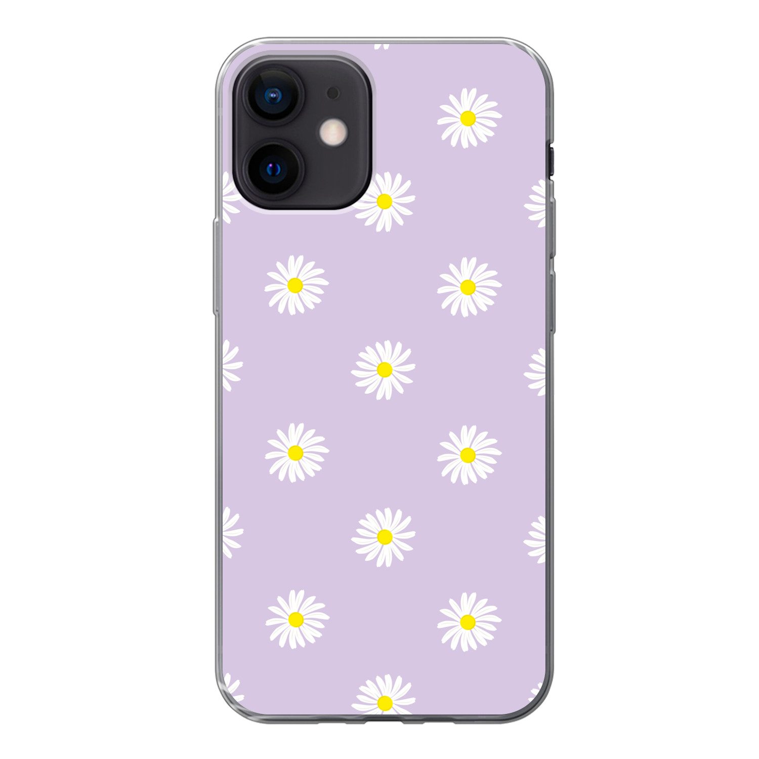 MuchoWow Handyhülle für Apple iPhone 12 Gänseblümchen - Pastell - Weiß - Lila - Blumen, Smartphone-Bumper, Print, Handy Schutzhülle Dünn