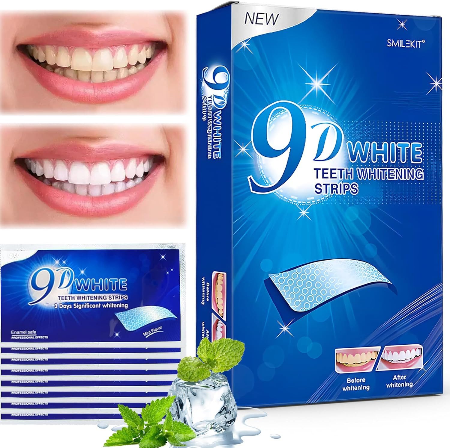 XDeer Zahnbleaching-Paste 28 Streifen, Zahnaufhellungsstreifen, 9D White, Schonend, Minzgeschmack, Wirksam bei der Entfernung von Flecken
