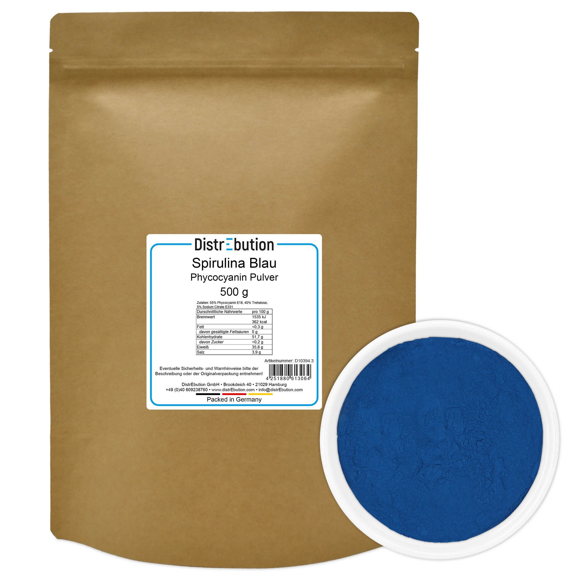 DistrEbution Spirulina Blau Pulver 10g-10kg Natürlicher Farbstoff für Lebensmittel Pulver, 500 g, Natürlicher und Veganer Farbstoff