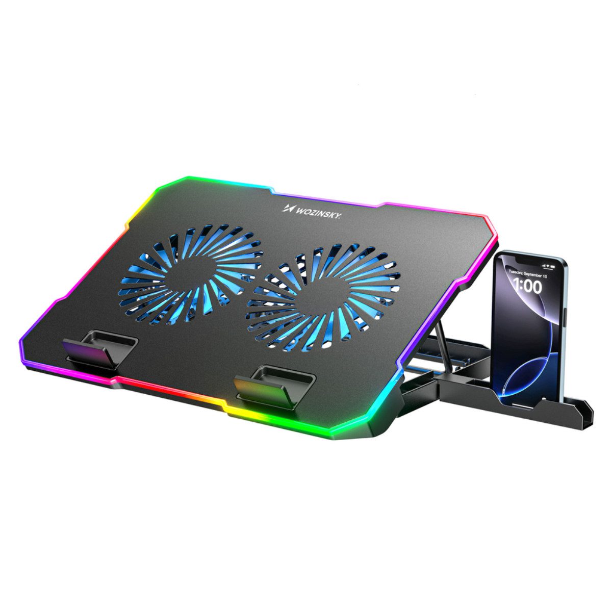 Wozinsky Notebook-Kühler WDCX-A26, RGB-Licht, 2 Lüfter, USB-Hub, Handyhalter, 5 Neigungsstufen
