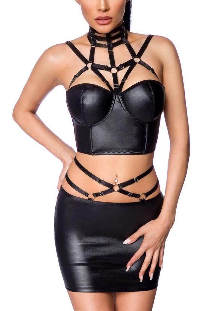 Saresia Top & Shorts Harness Wetlook Dessous Set aus Corsagen Top BH und Mini-Rock in schwa