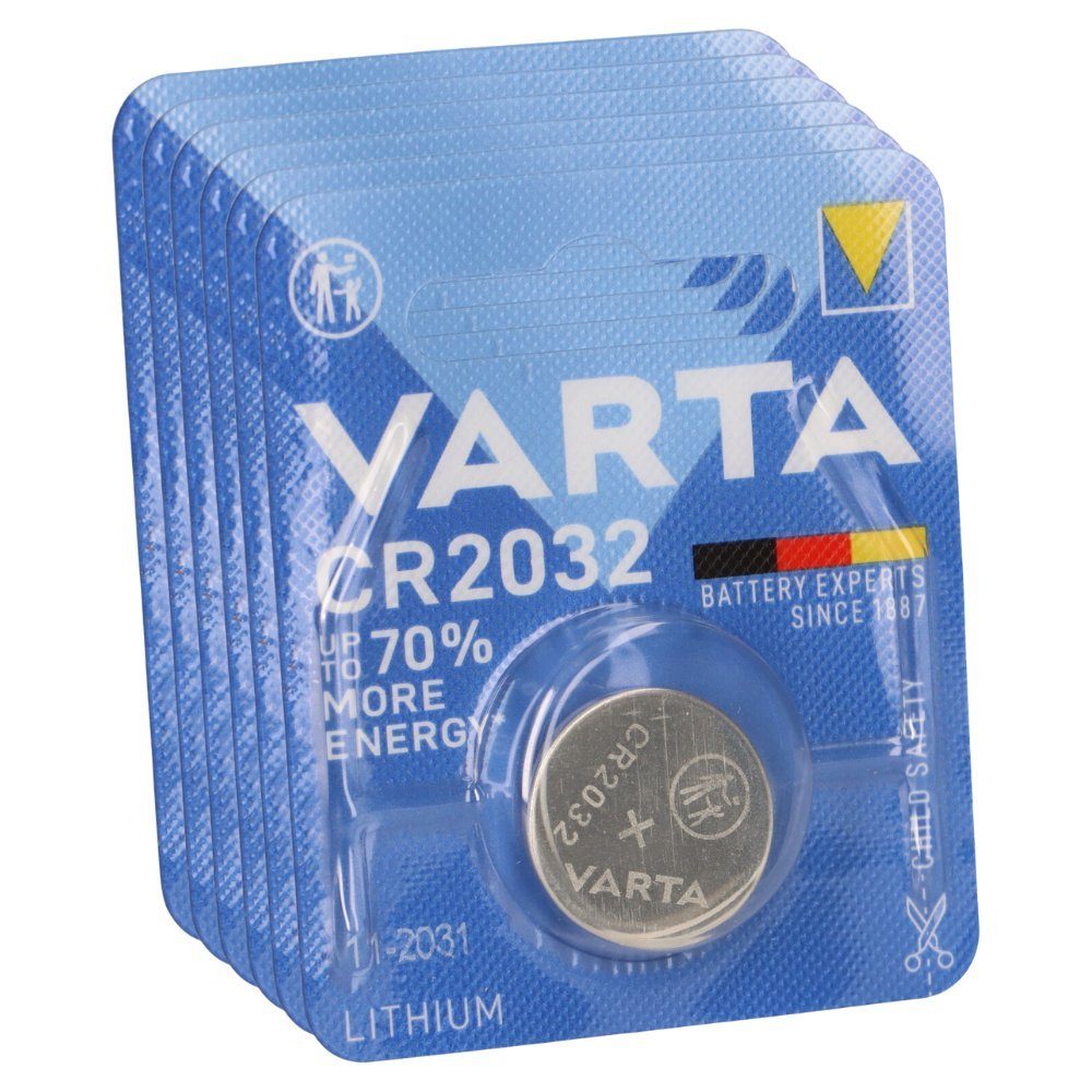 VARTA 6x VARTA Lithium-Knopfzelle 3V CR 2032 DL 2032 ECR 2032 L14 EA Knopfzelle, (3 V)