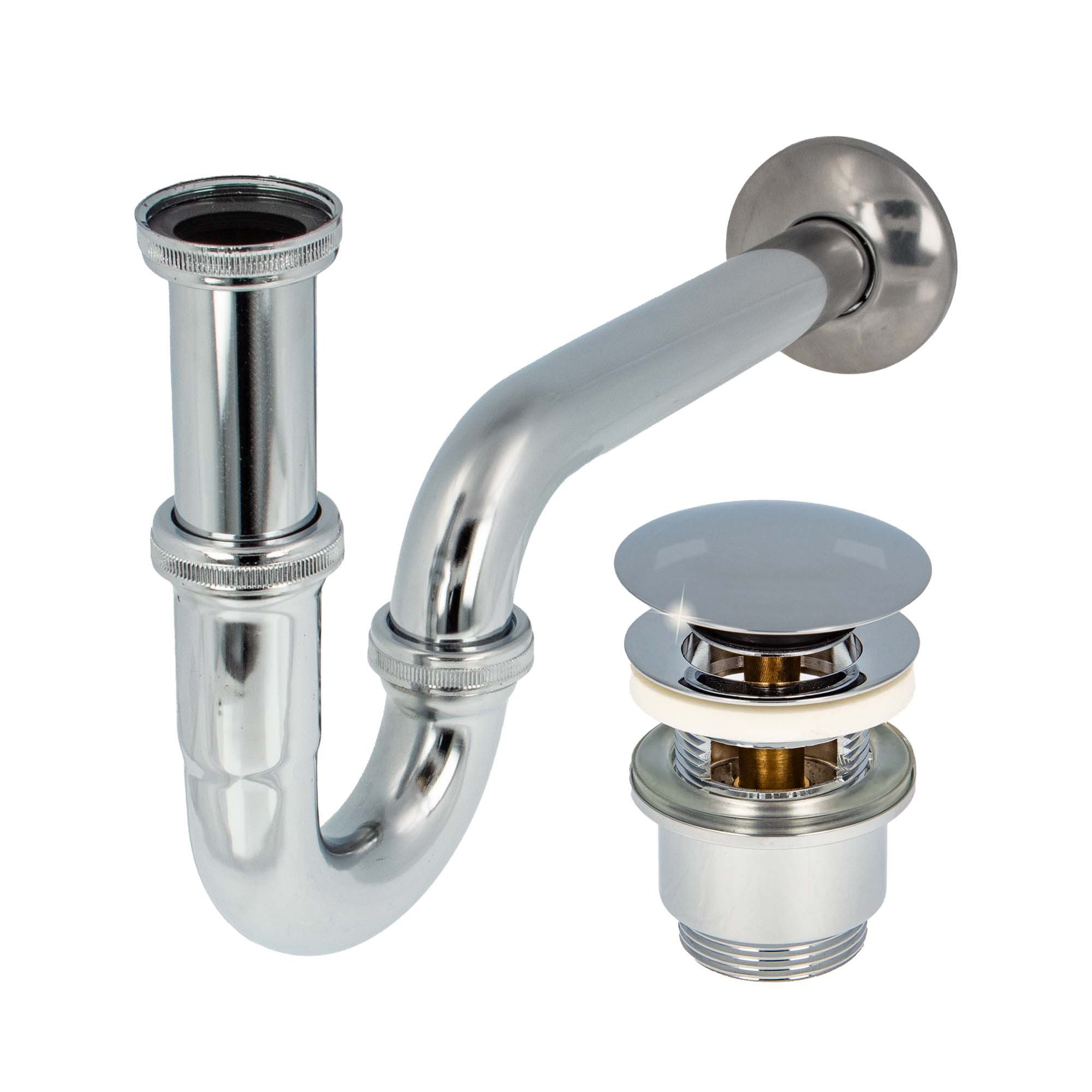 tecuro Siphon Siphon extra lang mit Pop Up Ablaufventil verchr. -Set für Waschtisch, (Ablaufventil und Röhrensiphon)