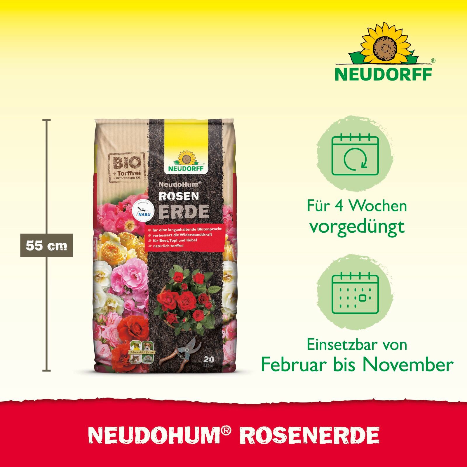 Neudorff Spezialerde NeudoHum RosenErde 20 Liter, mit Organische Grunddüngung, (Einzelartikel, Für eine langanhaltende Blütenpracht), Verbessert die Widerstands – Bild 3 von 5