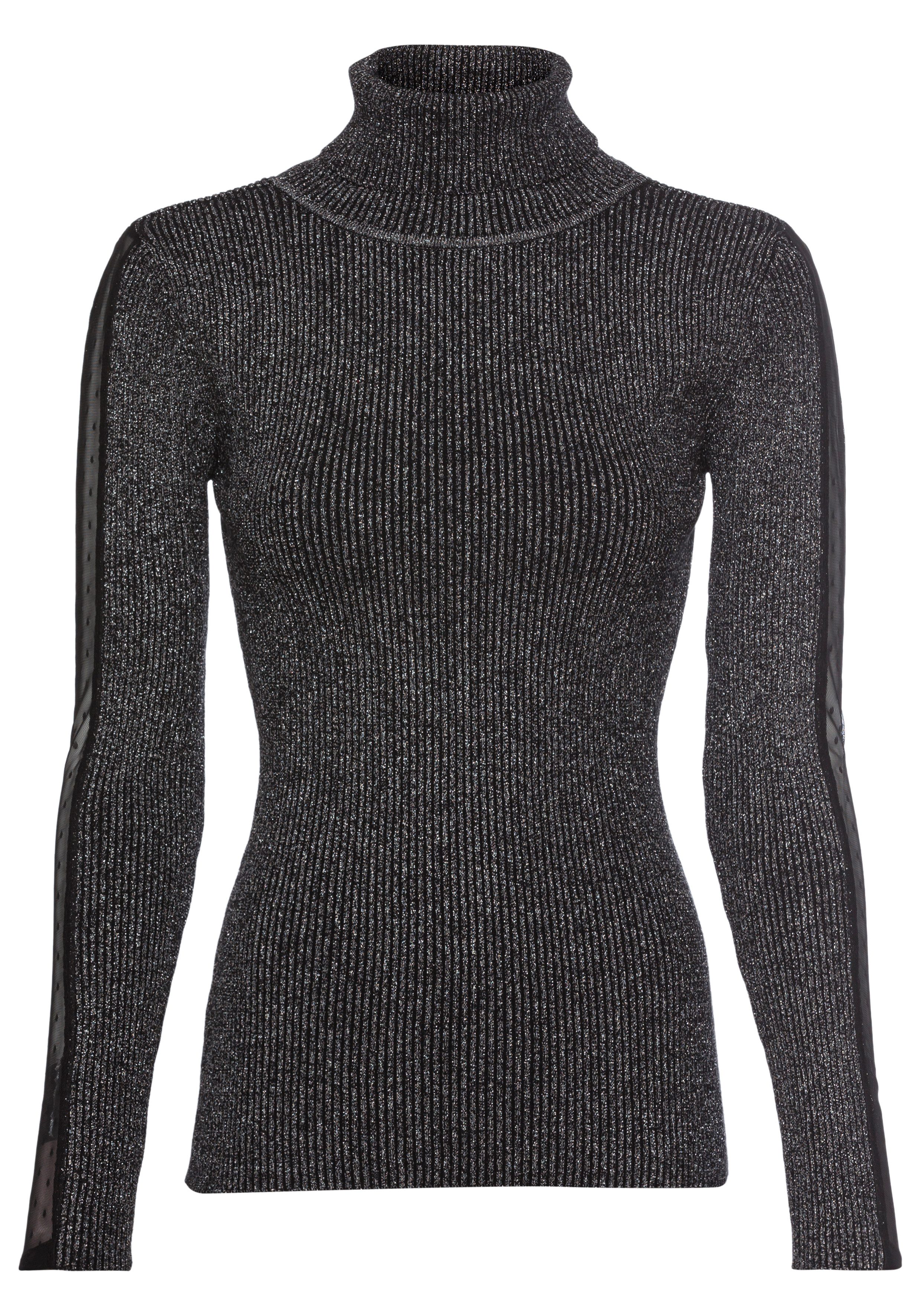 Laura Scott Rollkragenpullover mit Mesheinsatz am Ärmel aus glitzerndem Lurex