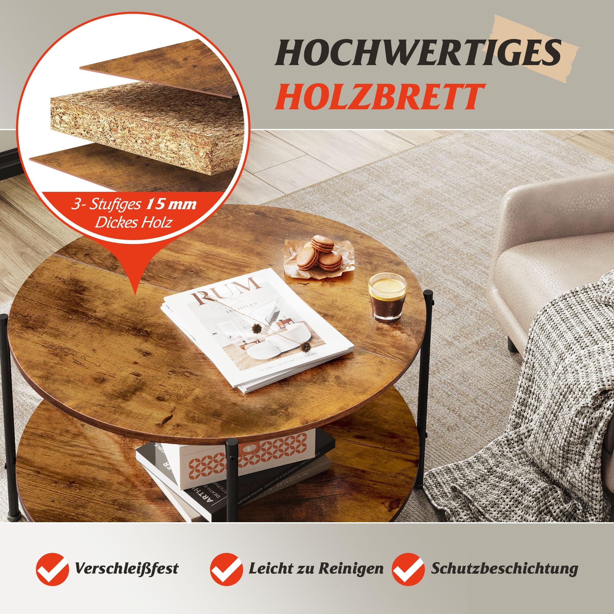 WLIVE Couchtisch Couchtisch rund mit 2 Ebenen, Beistelltisch Holz mit Metal günstig online kaufen