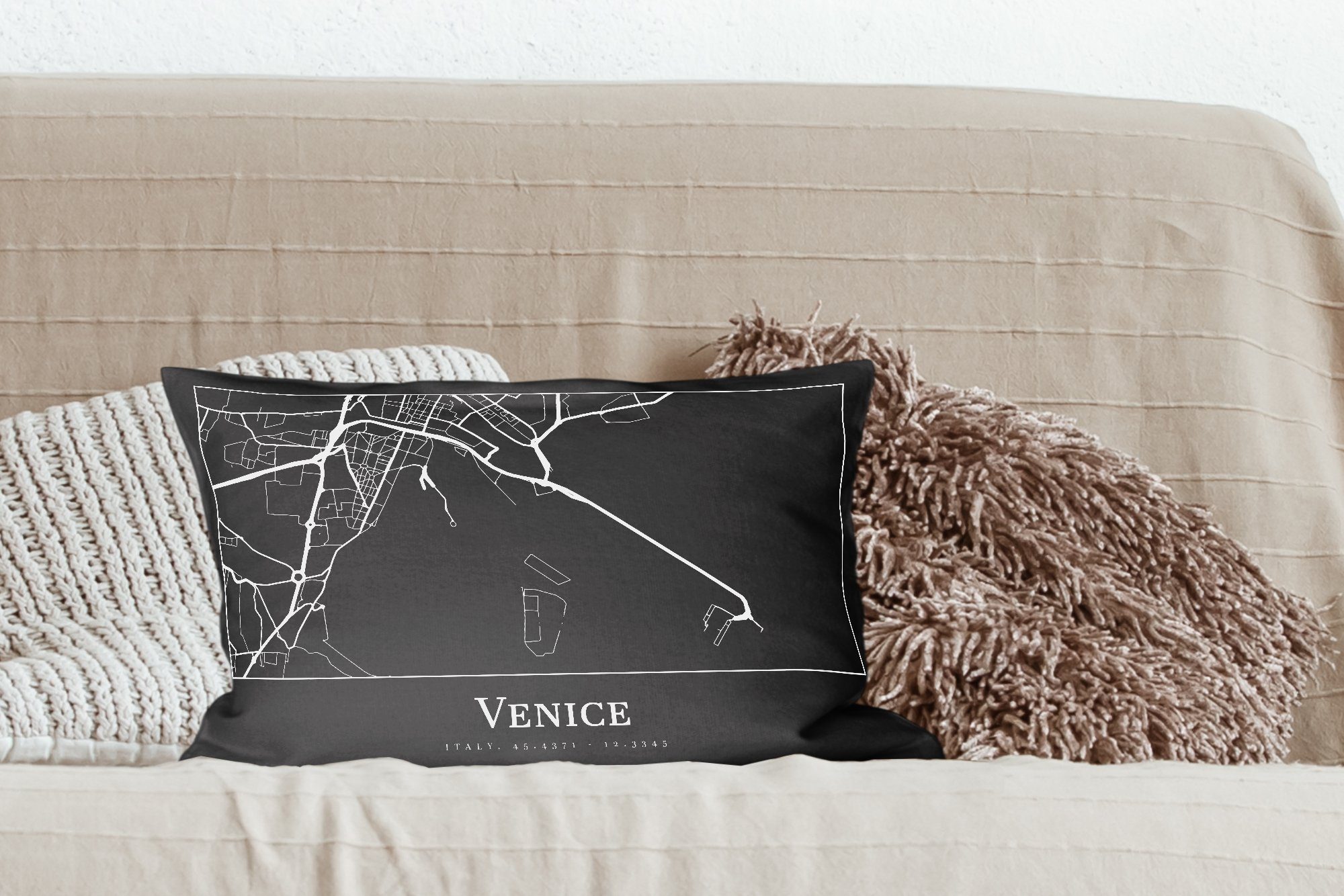 - Füllung, Venedig, Karte - Venedig Dekokissen MuchoWow - Wohzimmer Zierkissen, Dekoration, Schlafzimmer Dekokissen Stadtplan mit