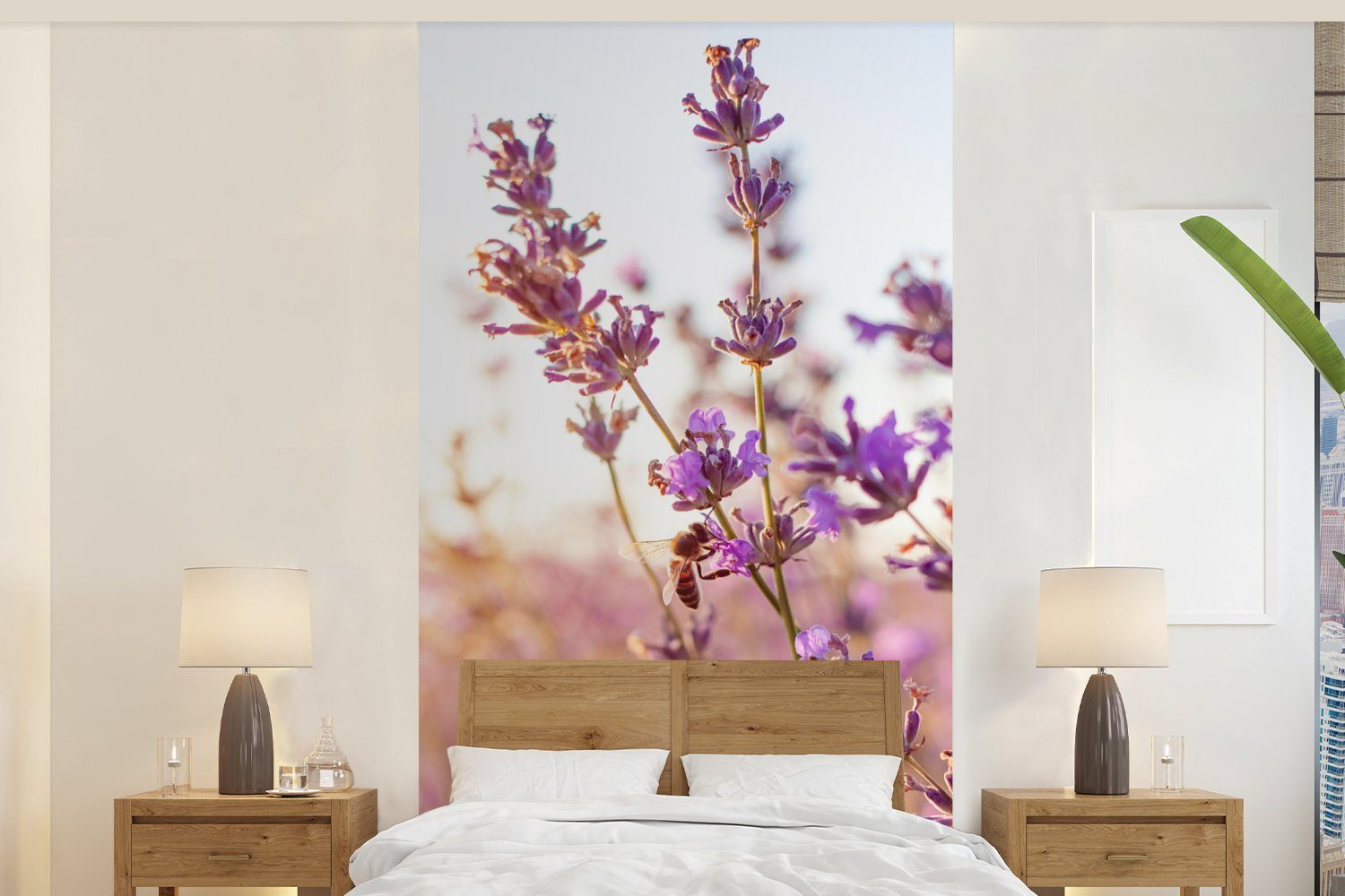 MuchoWow Fototapete Lavendel - Nahaufnahme - Sonne - Blumen - Lila, Matt, bedruckt, (2 St), Vliestapete für Wohnzimmer Schlafzimmer Küche, Fototapete