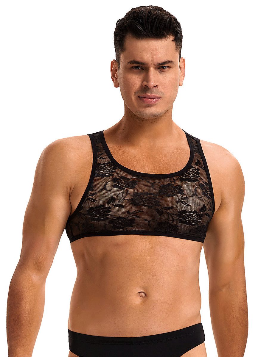 Lau-Fashion Tanktop Herren Spitzen Top Schwarz Transparent Ärmellos Crop Top Lingerie