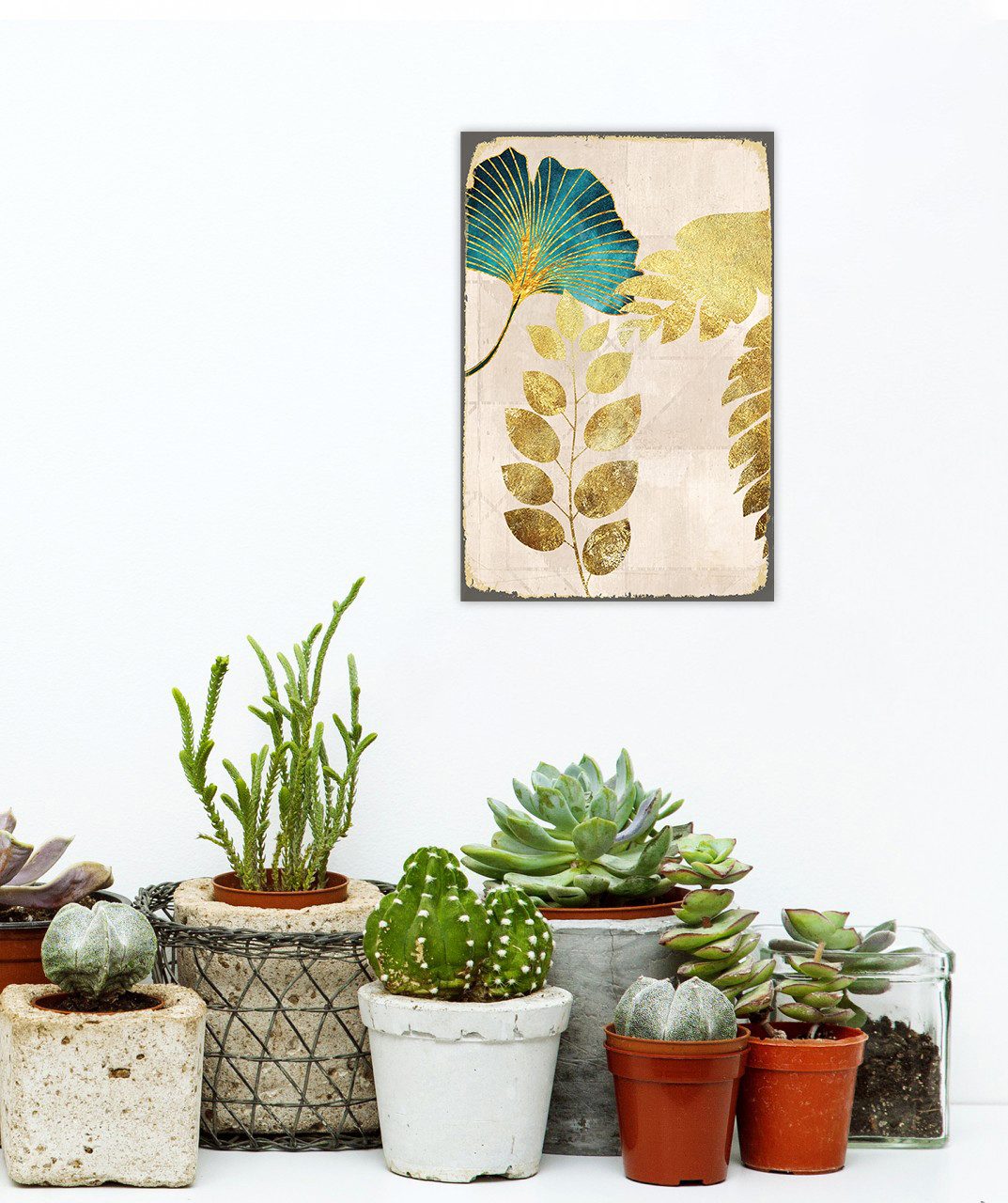 queence Metallschild Blechschild Stahlschild Ginkgo Blätter in gold und türkis, Vintage Schild, Used Look in 20x30 cm