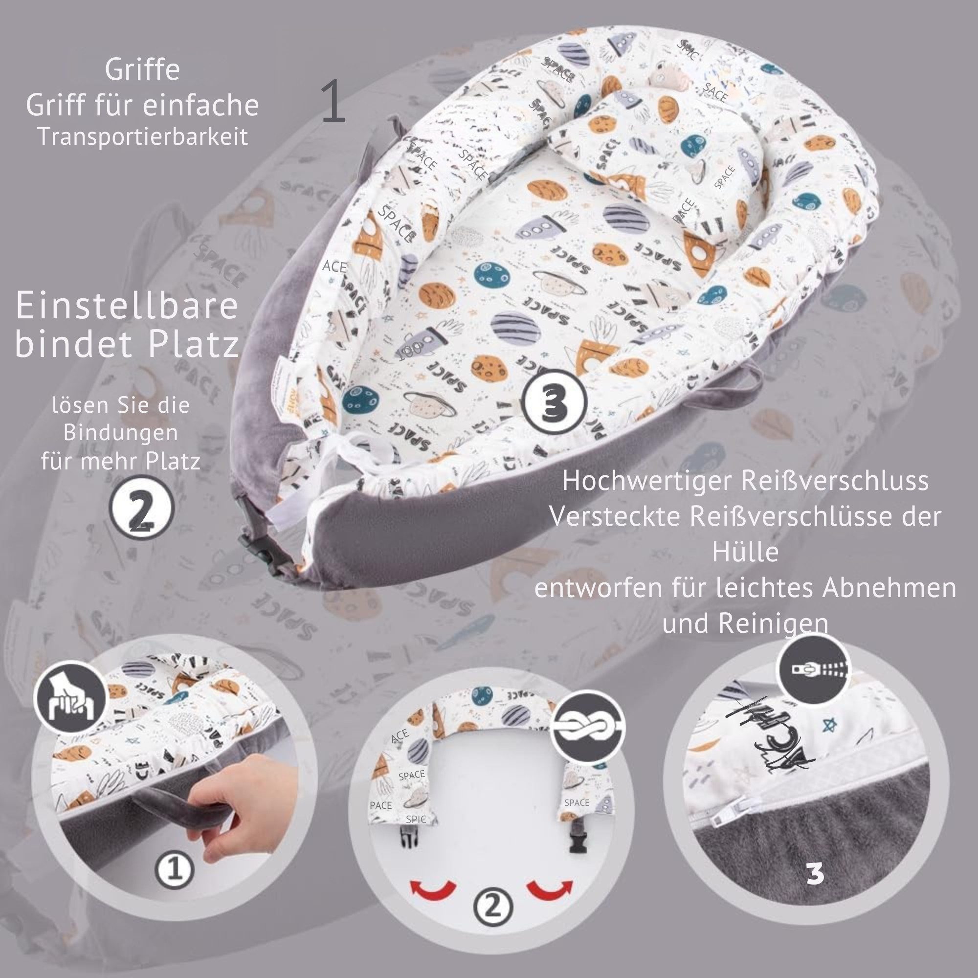 Vivitar Bettnestchen für Neugeborene, tragbare und verstellbare Baby-Liege, (tragbar, größenverstellbar, weiche Auflage für Neugeborene, mit Reversible 100% Baumwolle und Samt Abdeckung), für 0-12 Monate Jungen Mädchen, Baby Essentials für die Reise