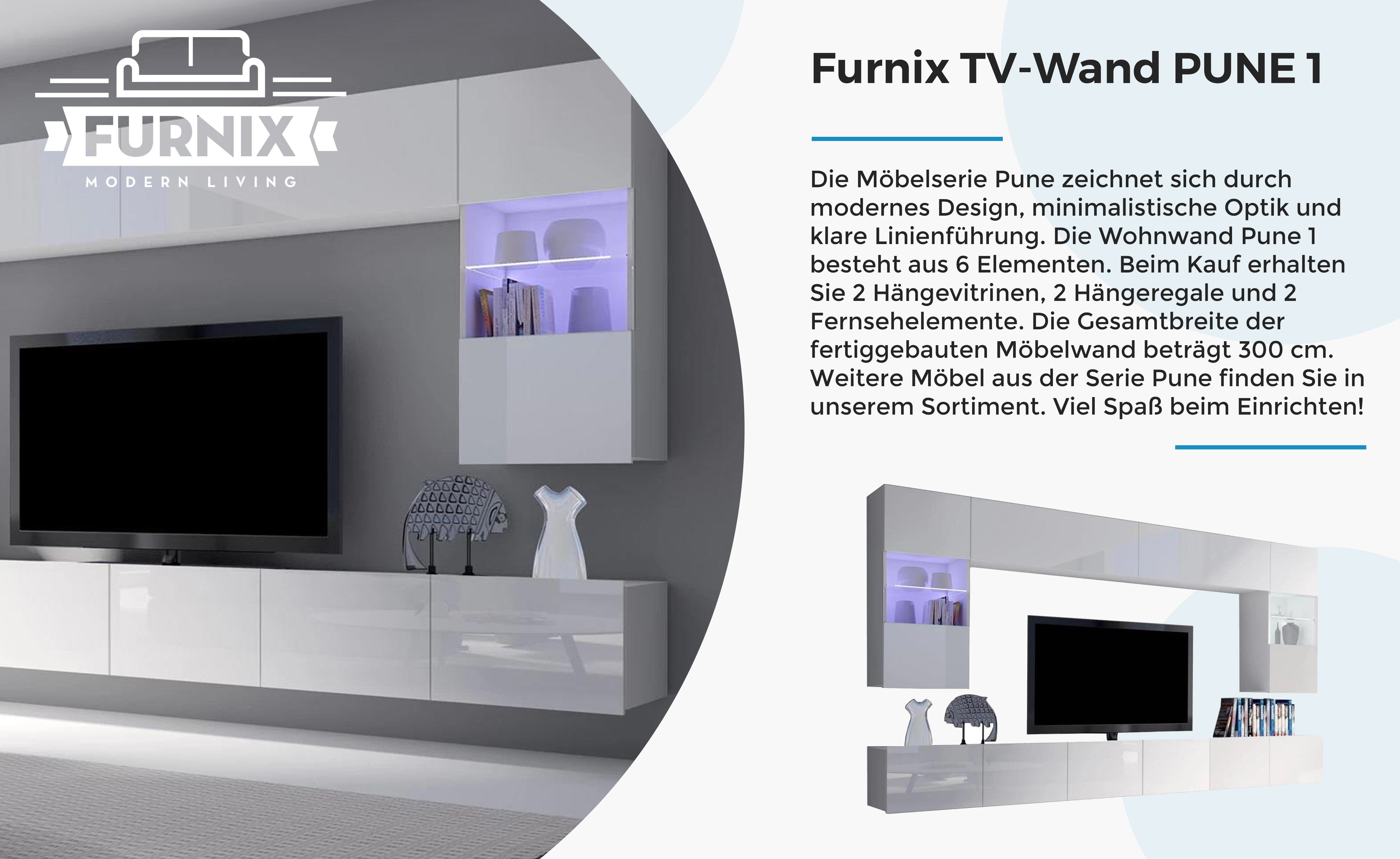 Furnix TV-Wand PUNE 1 breit 6-teilig cm geräumig, Möbelwand Weiß Glanz Farbauswahl, Wohnwand Mediawand 300