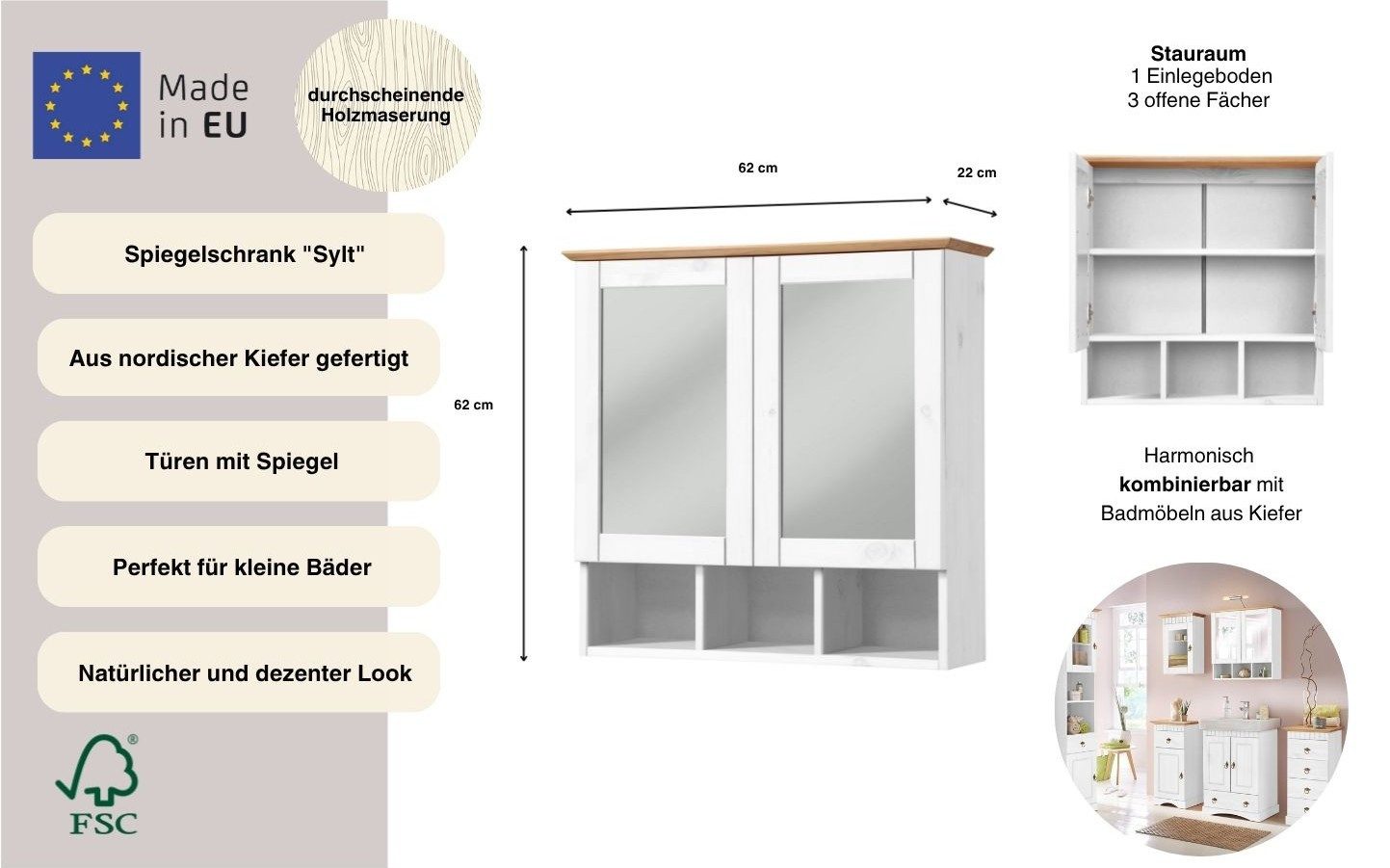 welltime Spiegelschrank Landhaus Sylt Badschrank, Badmöbel, FSC®-zertifiziert Breite 62,5 cm, aus Massivholz – Bild 3 von 5