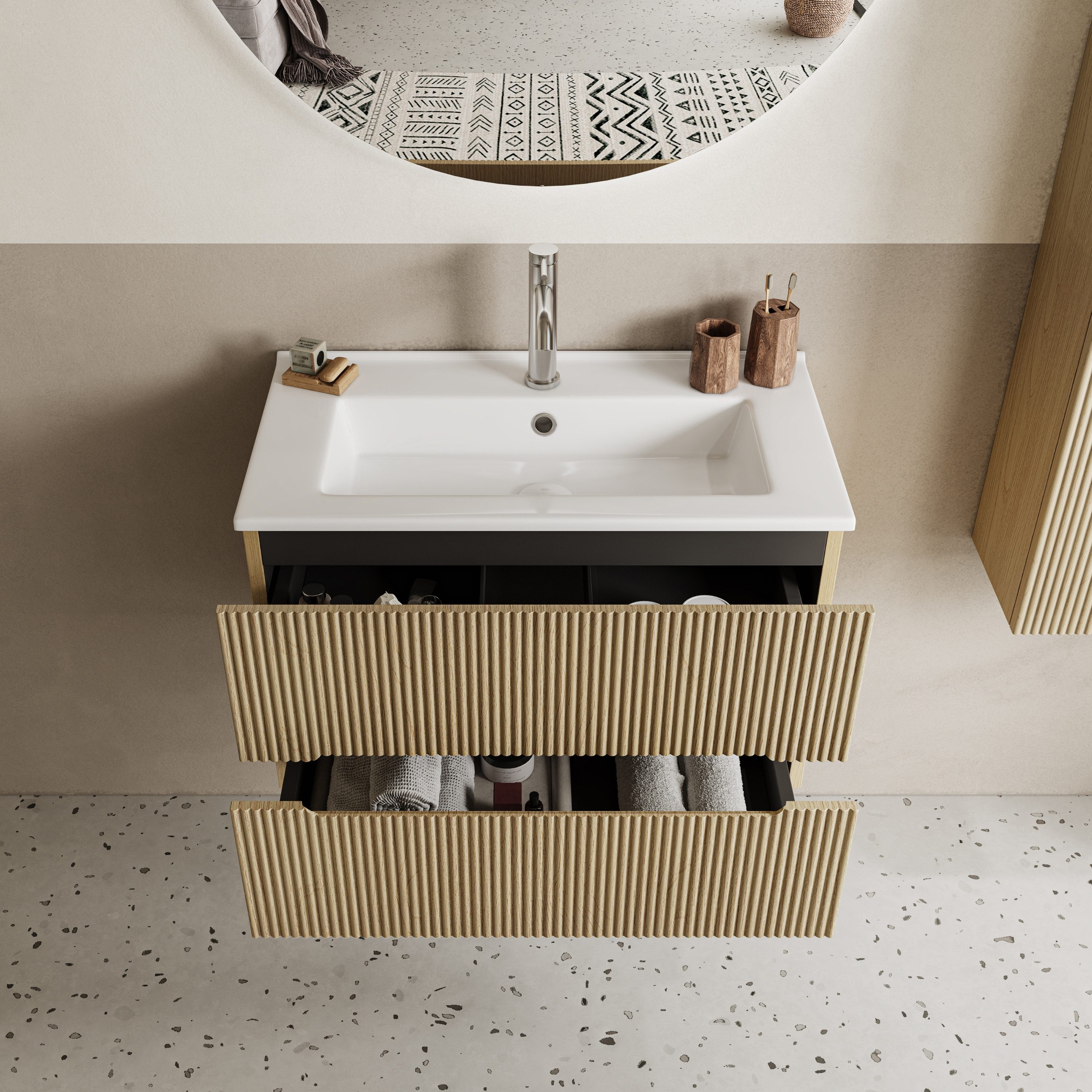 BRIDGE BENO Wandhängeschrank 61 cm Breiter Wandschrank Mit Keramikwaschbecken, 2 Schubladen, 1-tlg., geeignet Für Kleine Badezimmer/gäste-Wcs