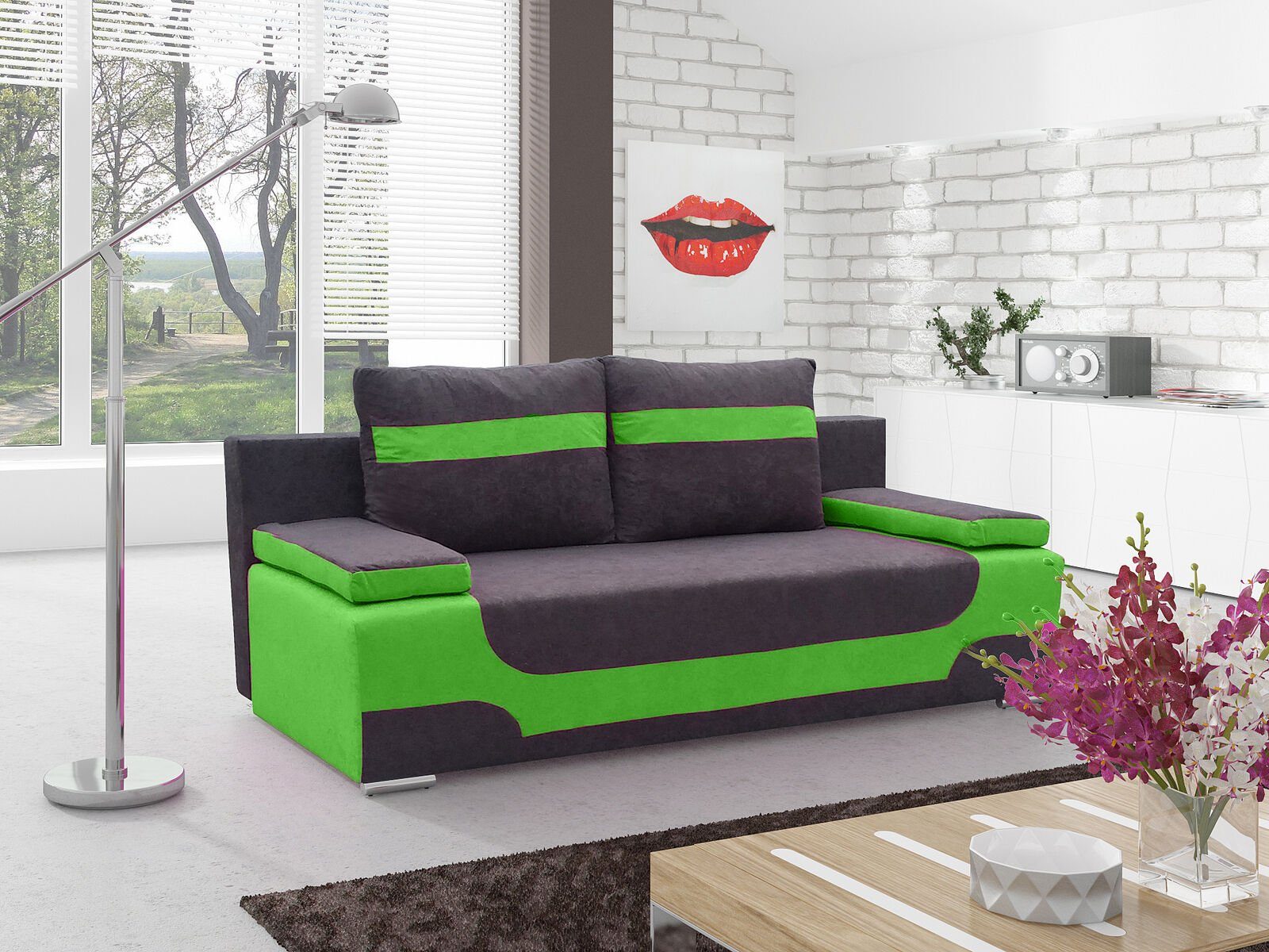 3Sitzer / Couch Multifunktion Couchen Grün Sofa Sofa, Textil Schwarz Büro Big JVmoebel Schlafsofa