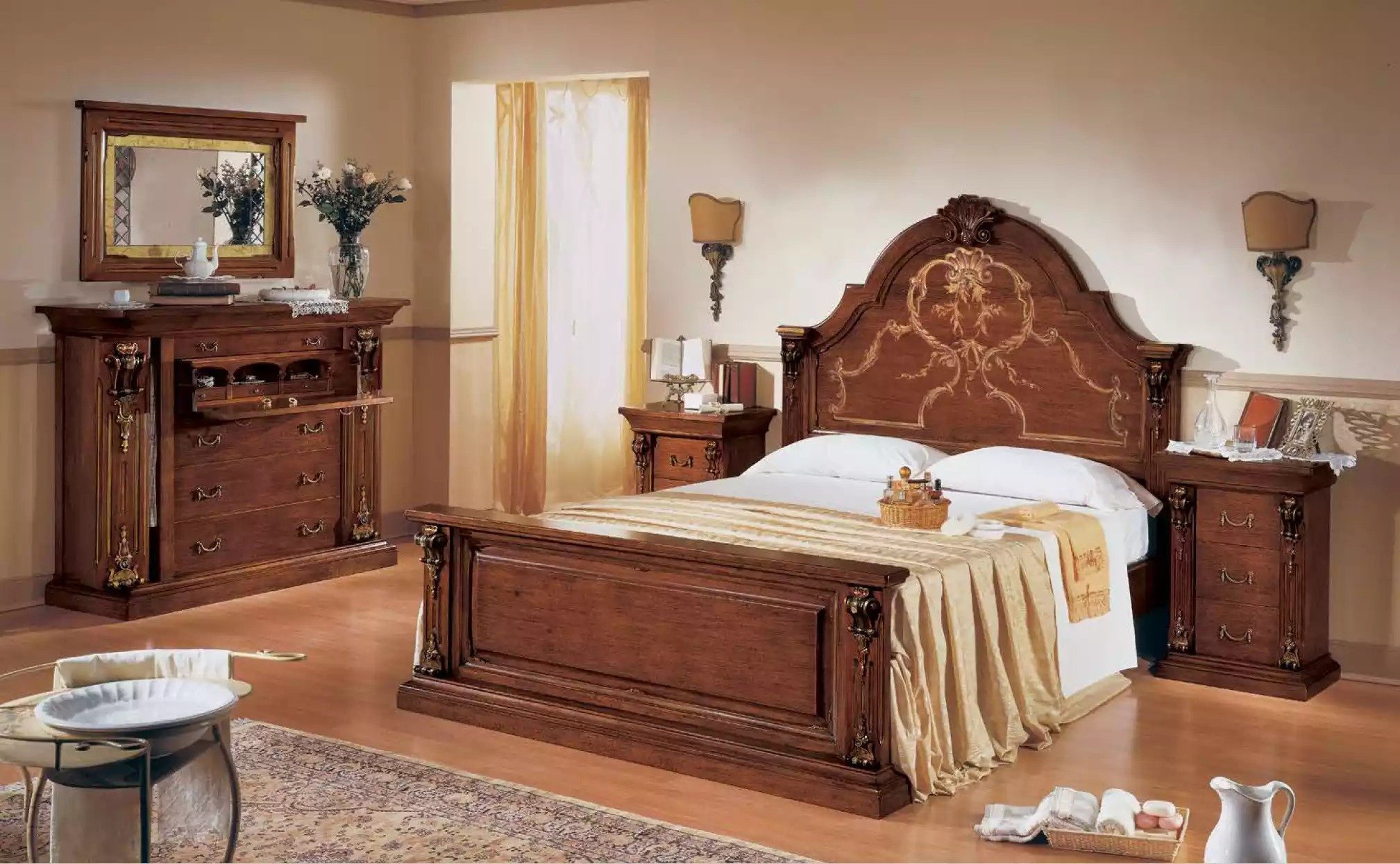 JVmoebel Schlafzimmer-Set Klassisches Schlafzimmermöbel in Braun mit Nachttischen und Kommode, (5-tlg., Nur Bett + 2x Nachttische + Kommode + Spiegel), Made in Europa