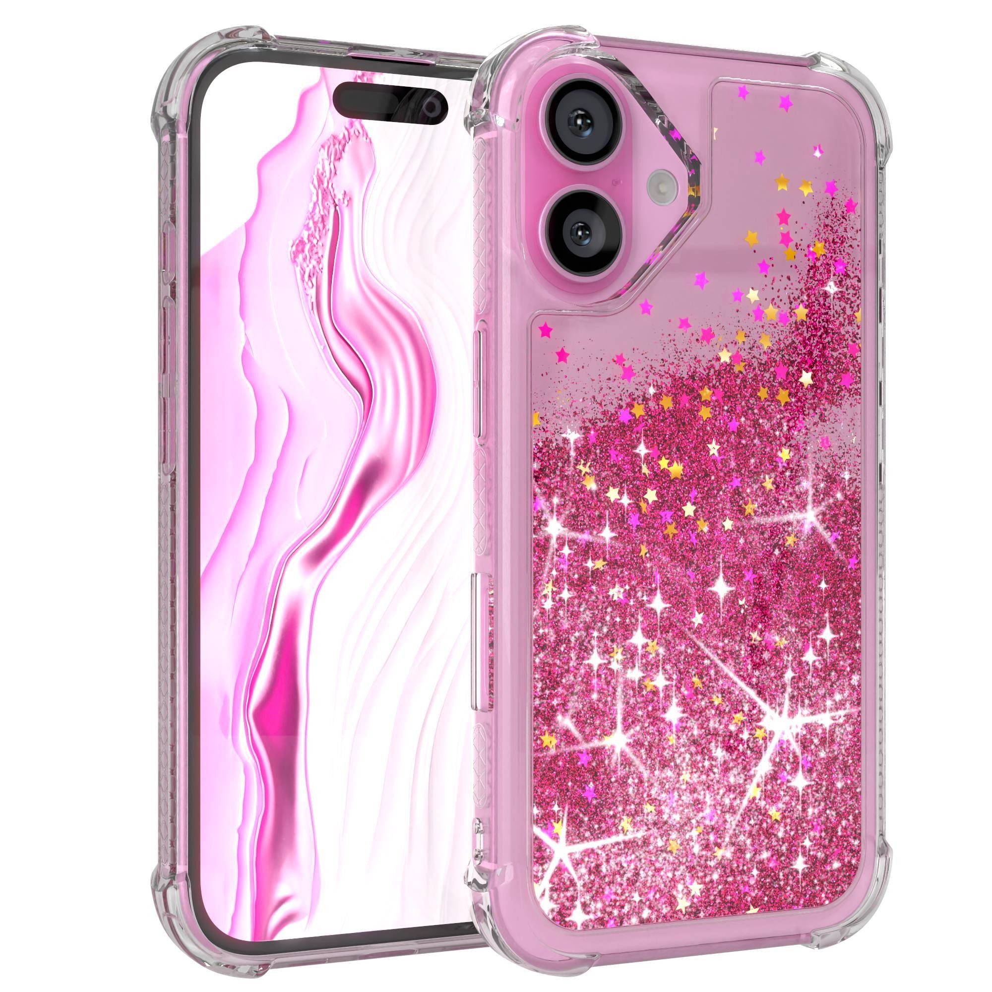 EAZY CASE Handyhülle Liquid Glittery Case für Apple iPhone 16 6,1 Zoll, Glitzerhülle Shiny Slimcover stoßfest Durchsichtig Bumper Case Pink