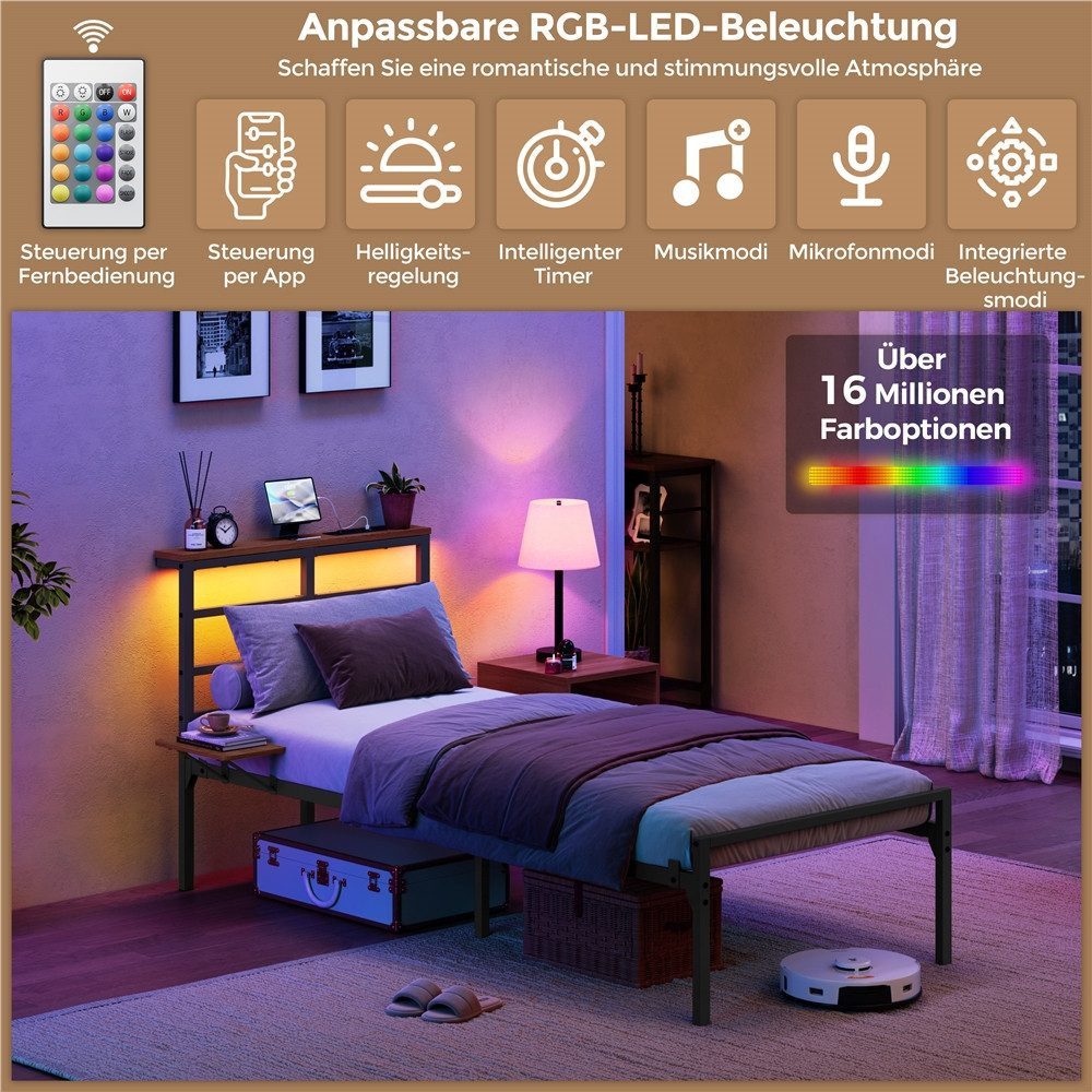 Yaheetech Bettgestell mit LED-Beleuchtung & Ladestation & Seitlicher Ablage, Einzelbett 90 × 200 cm Metallbett mit Stauraum unter dem Bett