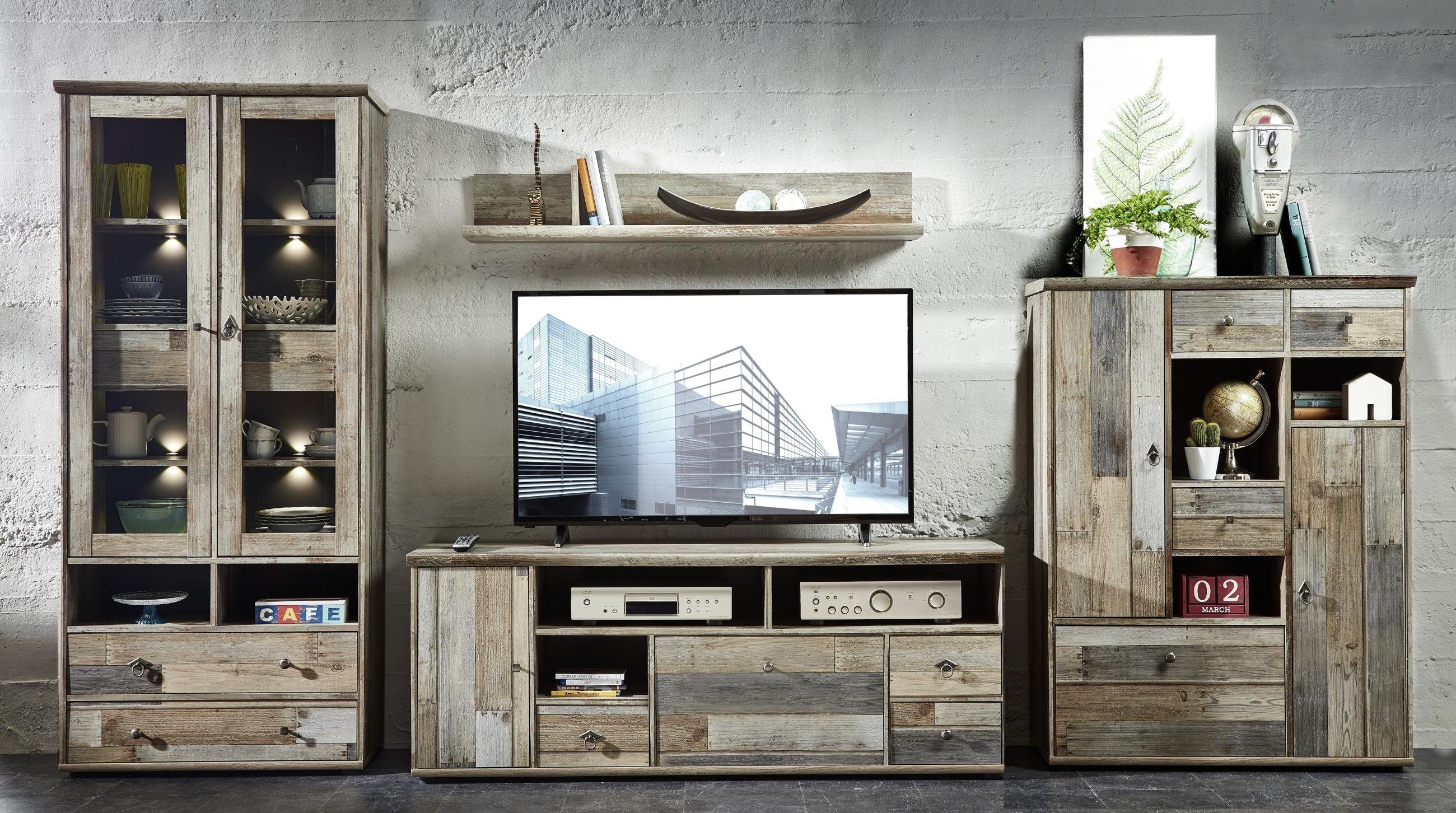 Innostyle Wohnwand Wohnwand BONANZA DD83 - Driftwood Nachbildung - 4 teilig, (Komplett-Set, 4-St., 1x Vitrine, 1x TV-Lowboard, 1x Wandboard, 1x Highboard)