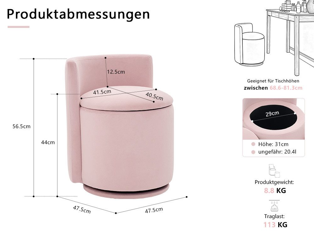 DEKKETO Stuhl Samt mit Stauraum & 360° Drehfuß, Ergonomischer Schminkhocker (1 St), Schminkstuhl mit Rückenlehne, Drehsessel – Bild 2 von 5