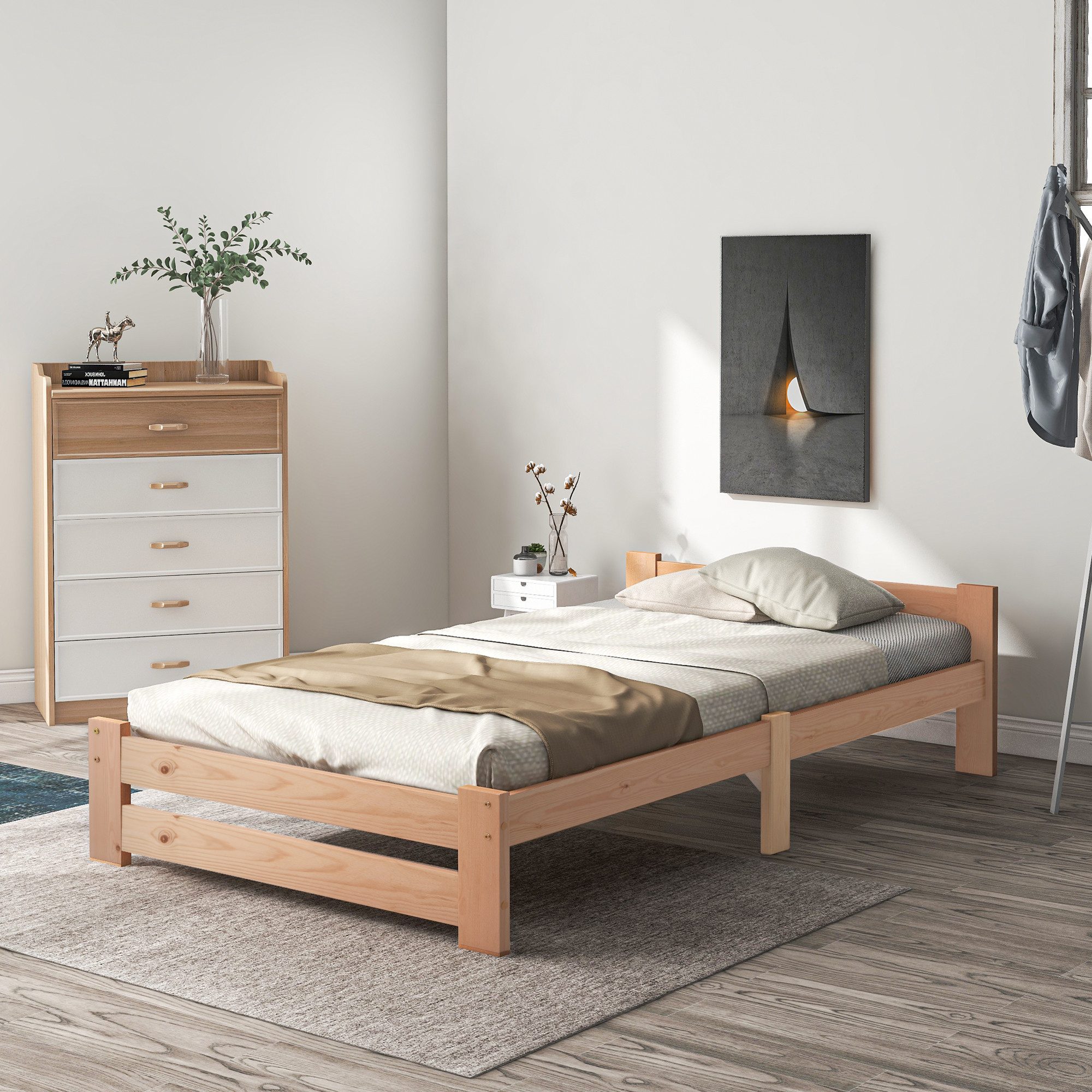 MODFU Bett Gästebett Massivholzbett (Holzbett, aus massivem Kiefernholz), Ohne Matratze