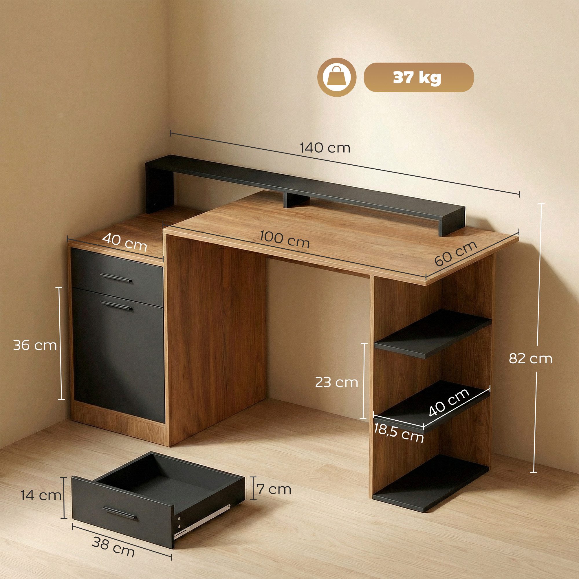 HOMCOM Schreibtisch PC Tisch für Home Office (Computertisch, 1-St., PC Tisch), mit Schublade, Schrank, Regalen