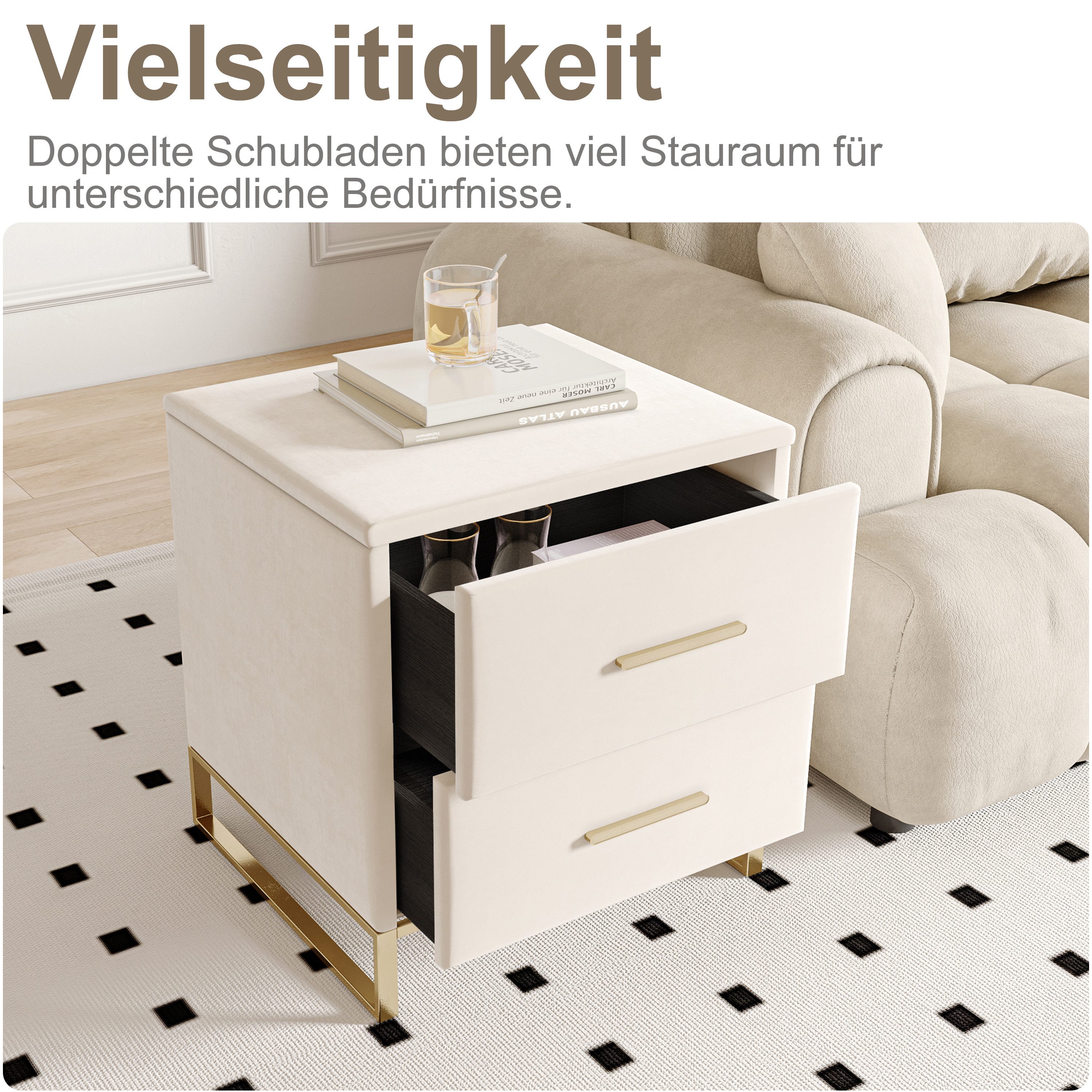 Yelenaro Nachttisch Nachtschrank mit 2 Schubladen (Set, 2-St), 40x40x50 cm,2er-Packung,Metallgriffe und Stützbeine,Samt,Beige – Bild 5 von 5