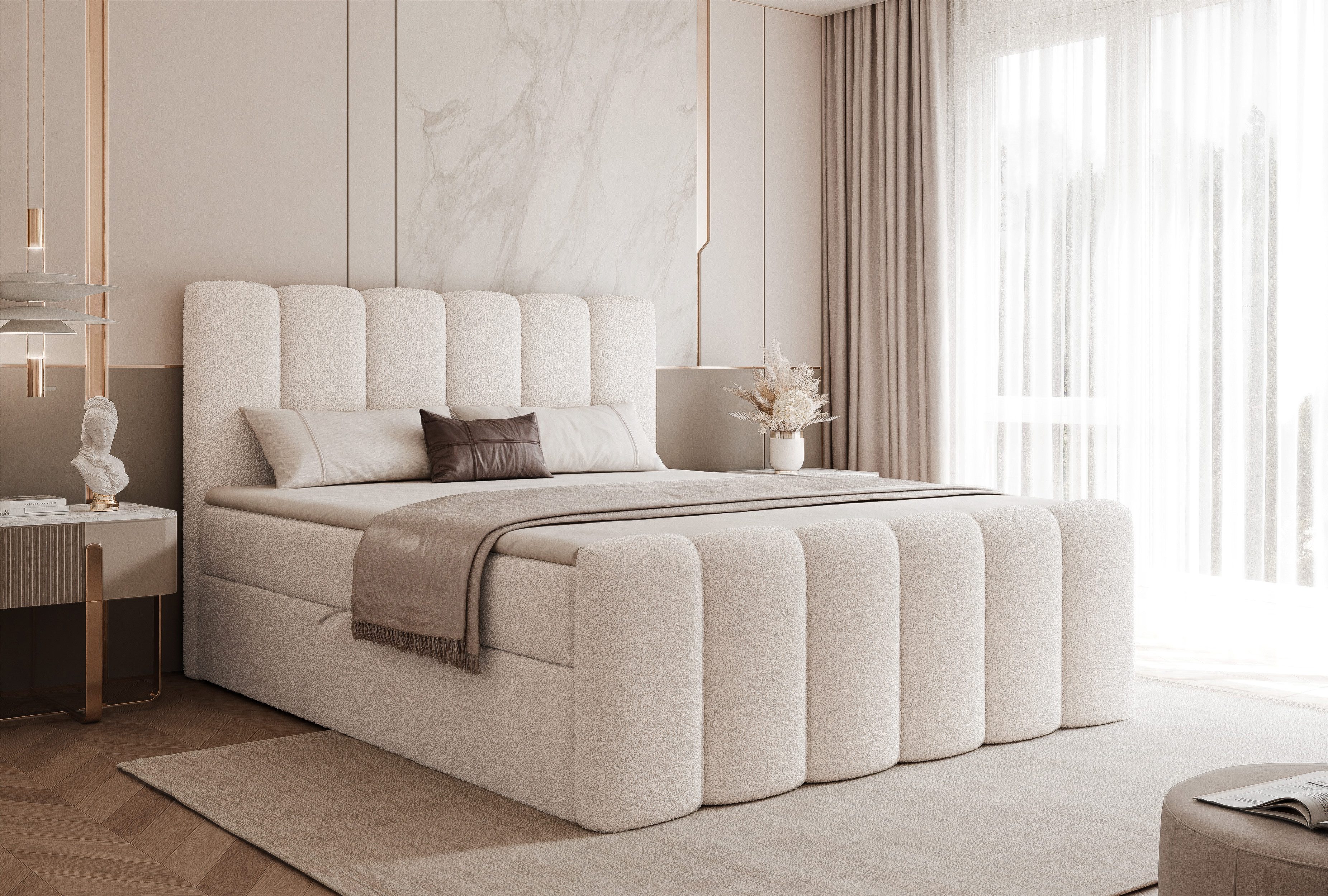 Goldstoff Boxspringbett Elegantes Bett "ETERNA" mit Stauraum & hohem Schlafkomfort (120–200x200 cm, Seitenhöhe: 54 cm), Modernes Polsterbett mit Stauraum & komfortabler Liegehöhe