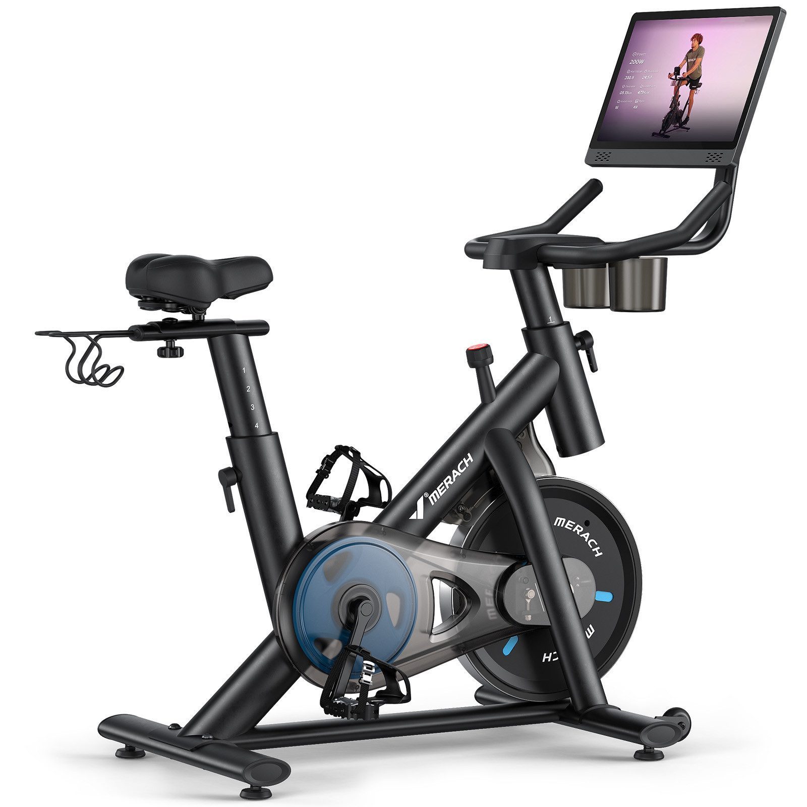 MERACH Heimtrainer Fahhrad für Zuhause, leises Fitnessbike mit HD-Touchscreen/HD-Display (Fahrradtrainer mit Tablet-Halter, Bluetooth, Kinomap&Zwift kompatibel, Stationäres Fahrrad mit verstellbare Sitz, Wasserflasche-Halter), Magnetischer Widerstand, 8 Widerstandsstufen, bis 136 KG belastbar