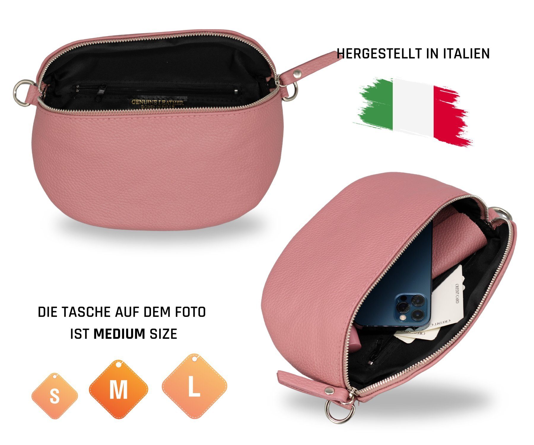 Adel Bags Gürteltasche Bauchtasche Damen Leder Altrosa, Umhängetasche, Echtes Leder, hergestellt in Italien, mit 2 Riemen
