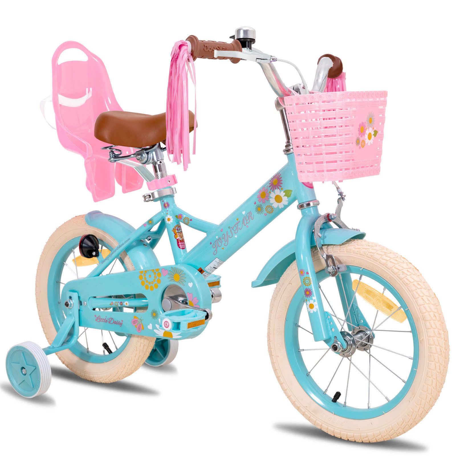 JOYSTAR Kinderfahrrad 12, 14, 16 Zoll Mädchenfahrrad, 3 - 8 Jahre,Geschenk für Prinzessin, 1 Gang, Mit Hilfsrädern, farbigen Bändern, Korb, Reflektor, Kettenabdeckung