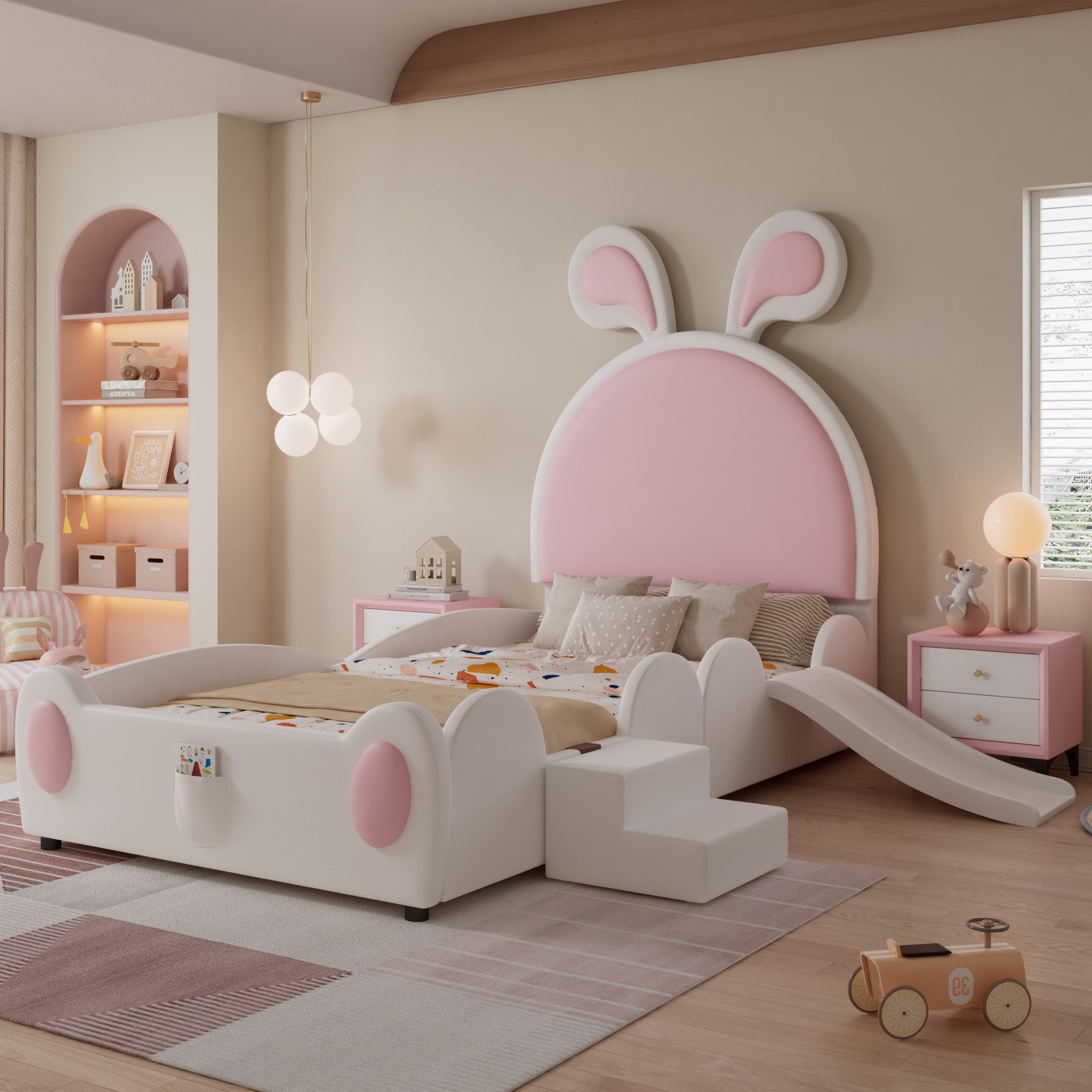 TavilaEcon Kinderbett mit kleiner Treppe und Kinderrutsche, Kopfteil mit Hasenohren, 90x200cm, mit Aufbewahrungstasche, PU-Bezug, Weiß+Rosa