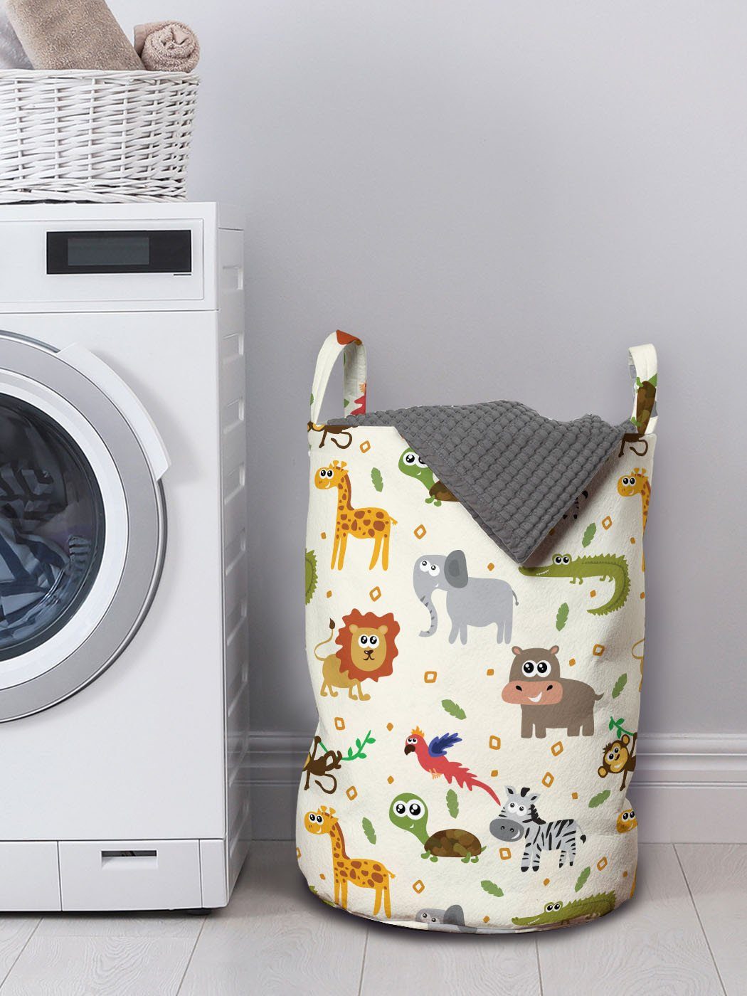 Abakuhaus Wäschesäckchen Wäschekorb mit für Waschsalons, Kordelzugverschluss Griffen Cartoon-Tier Fauna Childish