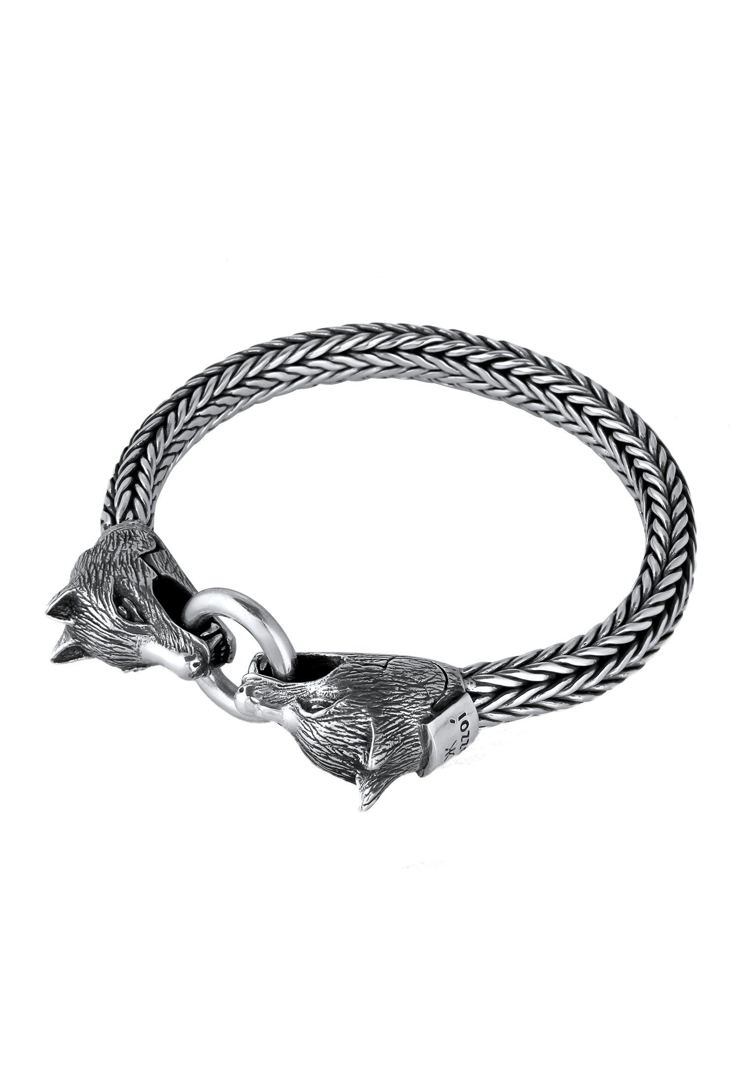 Herren Rund handgefertigt Wolfskopf Ringverschluss Armband und Zopfdesign Silber, Schmuckstück 925 oxidiert Kuzzoi