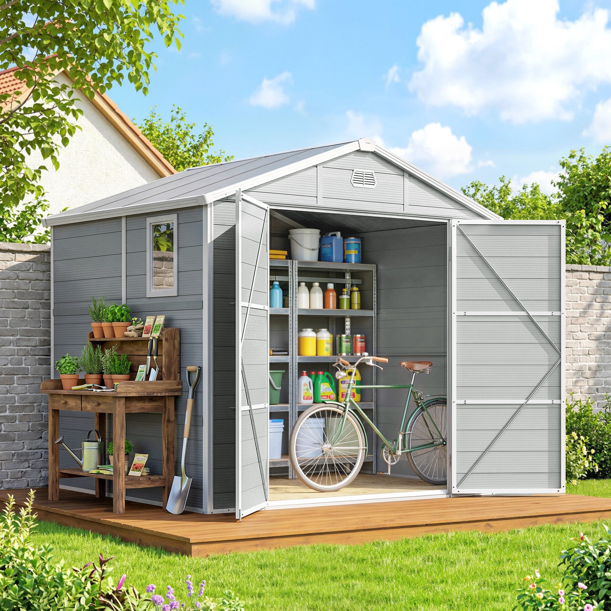 Outsunny Gerätehaus Geräteschuppen mit Satteldach, Abschließbar Tür, Gartenhaus, BxT: 240x190 cm, (4,1m², Geräteschuppen, 3 St., Kunststoff Geräteschuppen), für Hinterhof, Garten Hellgrau