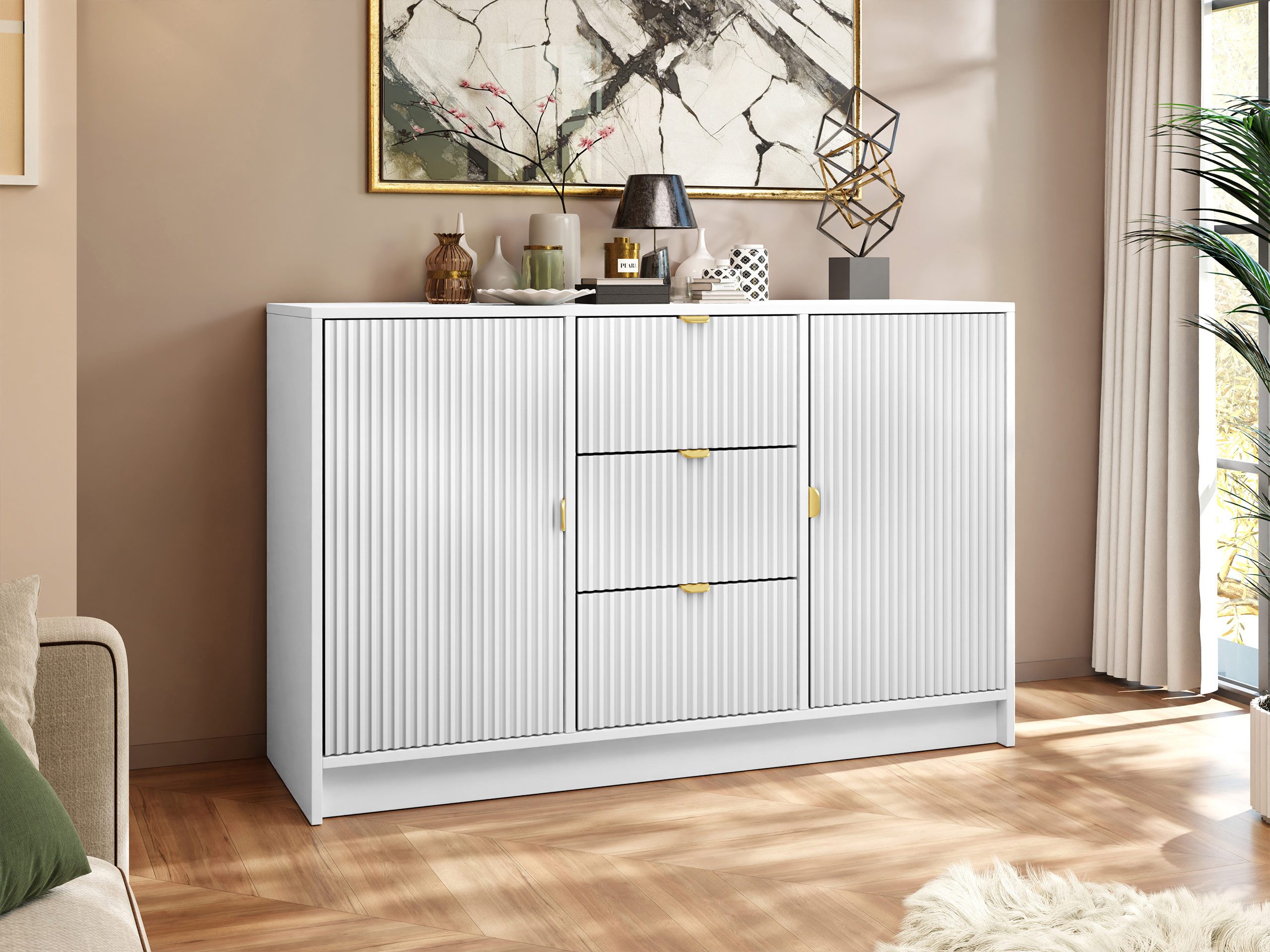 MIRJAN24 Kommode Tireno 2D3SZ (mit zwei Drehtüren und drei Schubladen), Aluminiumgriff in der Farbe Gold – Bild 2 von 5