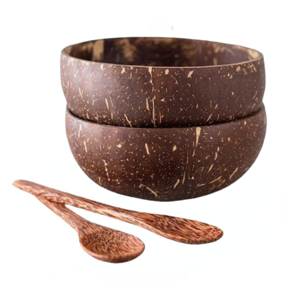 Blusmart Müslischale Kokosnussschalen-Set mit Löffel, 100 % Kokosnussmaterial, (Fischschuppen-Holzlöffel, 4-tlg), 2er-Packung/4er-Packung