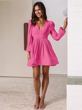 AFAZ New Trading UG Sommerkleid Einfarbiges, plissiertes Damenkleid mit Taillenbund Rockkleid für Damen mit V-Ausschnitt
