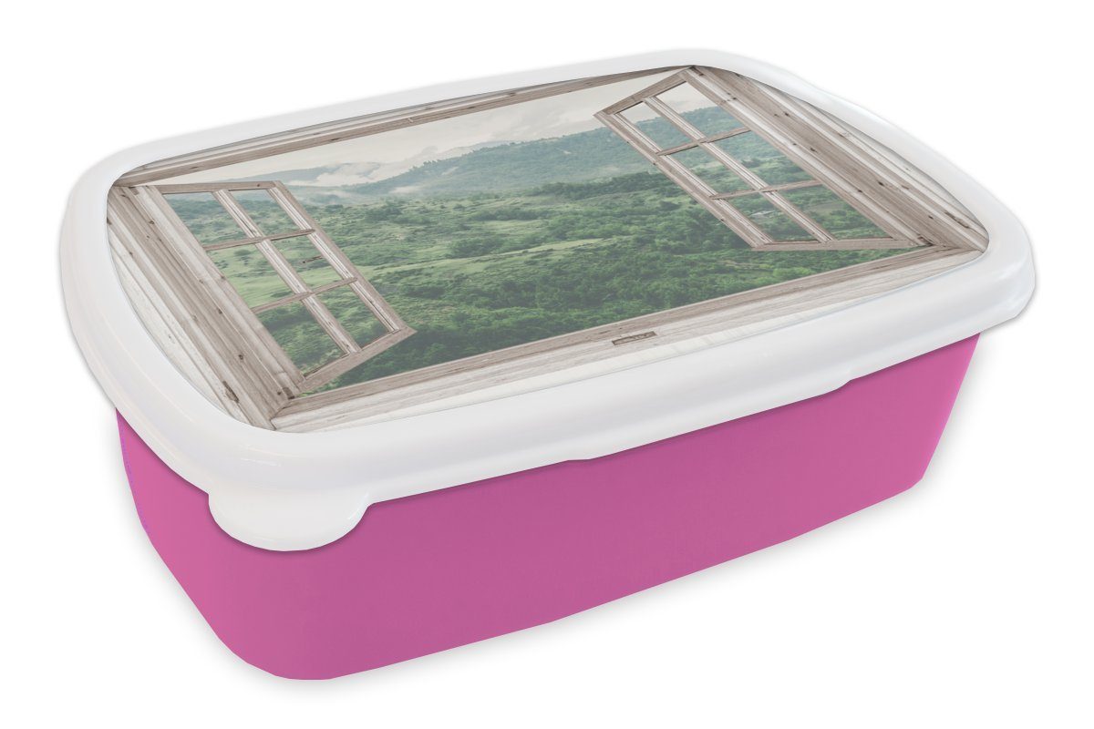 Brotdose Kunststoff Snackbox, für Lunchbox MuchoWow Mädchen, - (2-tlg), Kinder, Kunststoff, Berg Aussicht Erwachsene, Brotbox rosa - Holz,