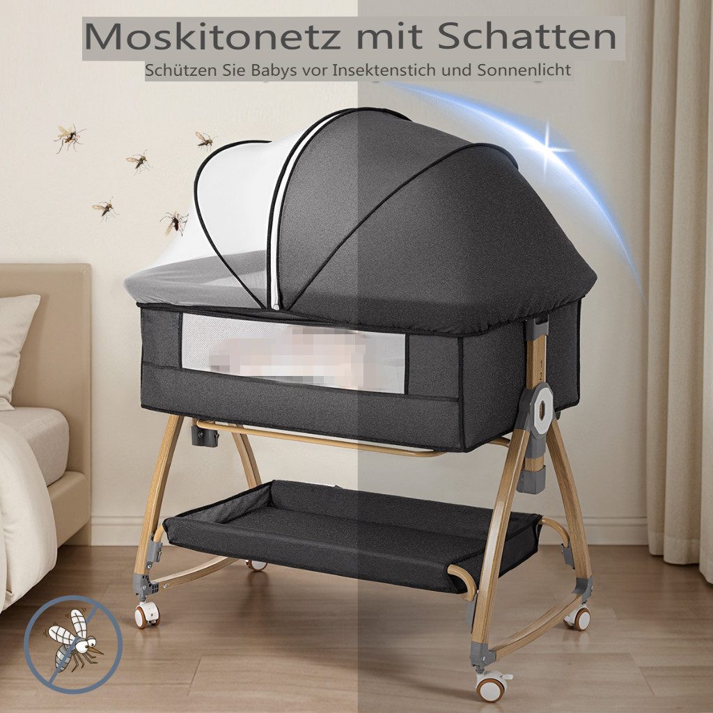 Insma Beistellbett 3 in1 Babybett Baby-Reisebett mit Moskitonetz,Aufbewahrungskorb,Rollen, 6 Fach Höhenverstellung und 3cm Matratze, Maximale Tragfähigkeit 24 kg