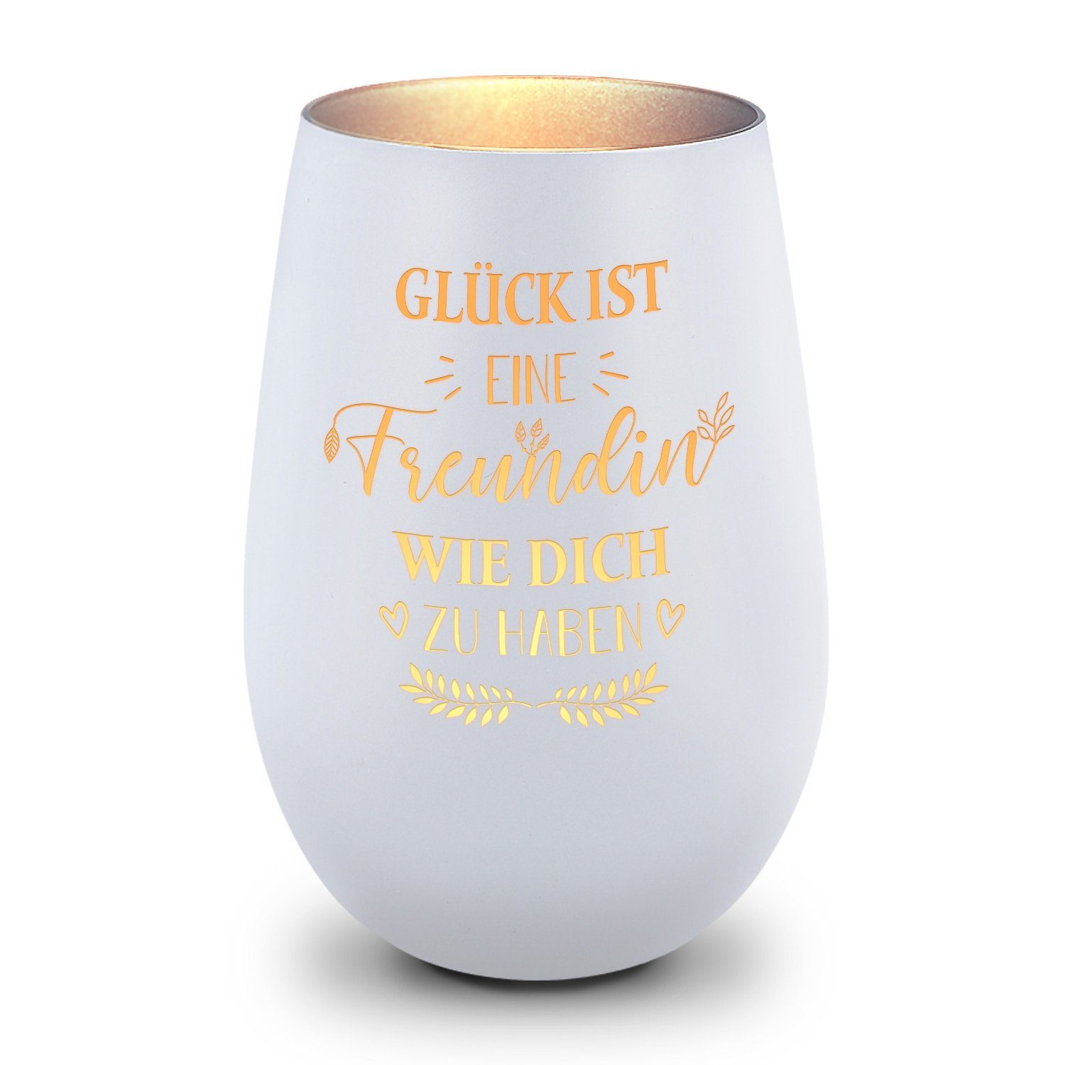 GRAVURZEILE Windlicht aus Glas mit Gravur - Glück ist eine Freundin wie Dich zu haben - Deko (Weiß/Silber), Geschenke für Frauen und Männer zum Geburtstag und weitere Anlässe