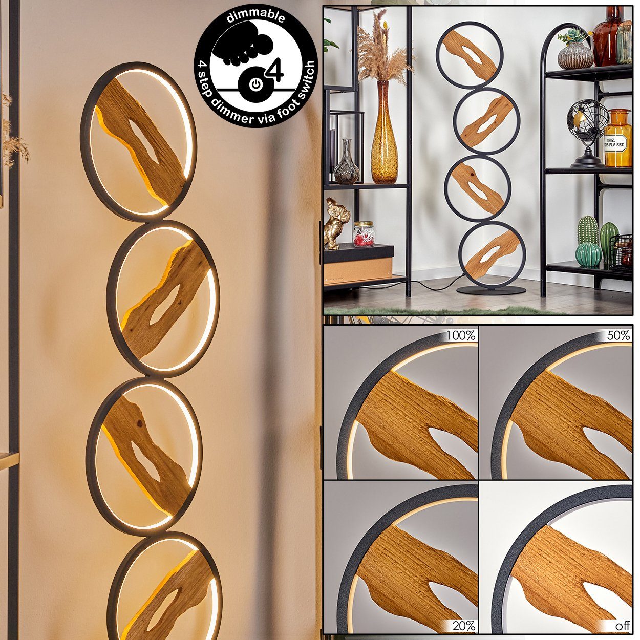 hofstein Stehlampe Stehlampe aus Metall/Holz in Schwarz/Natur, LED fest integriert, 3000 Kelvin, mit Schirmen (27cm), dimmbar über Fußschalter, 30 Watt, 2900 Lumen