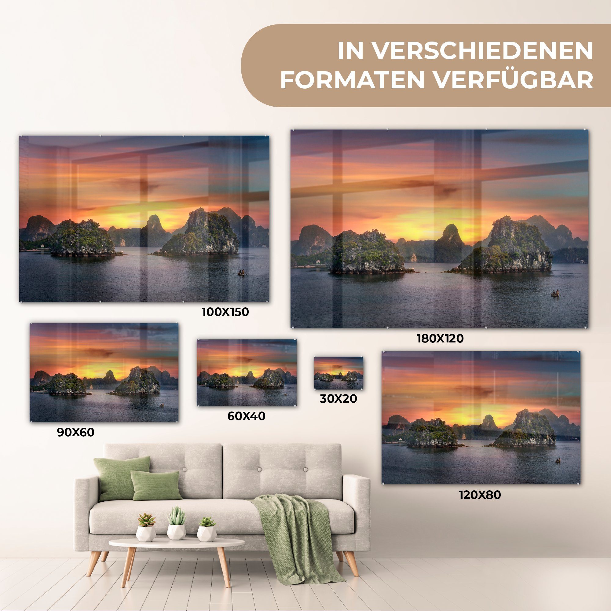 Acrylglasbilder Wohnzimmer der in Acrylglasbild MuchoWow & Schlafzimmer (1 Sonnenuntergang Halong-Bucht, St),