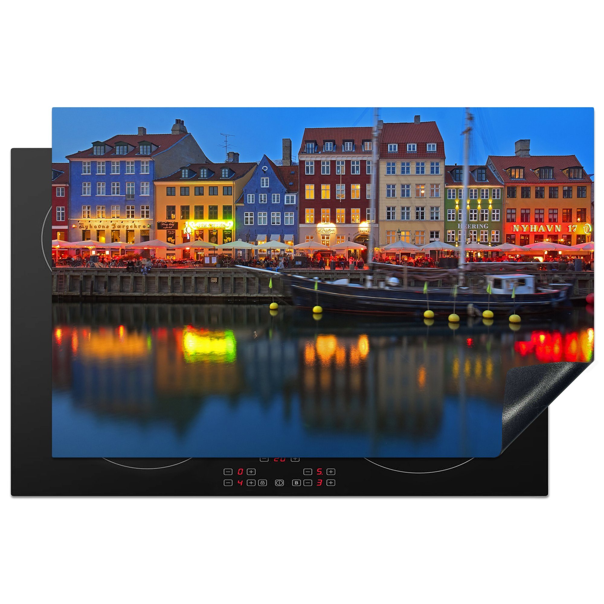MuchoWow Herdblende-/Abdeckplatte Dänemarks Nyhavn bei Nacht, Vinyl, (1 tlg), 81x52 cm, Induktionskochfeld Schutz für die küche, Ceranfeldabdeckung