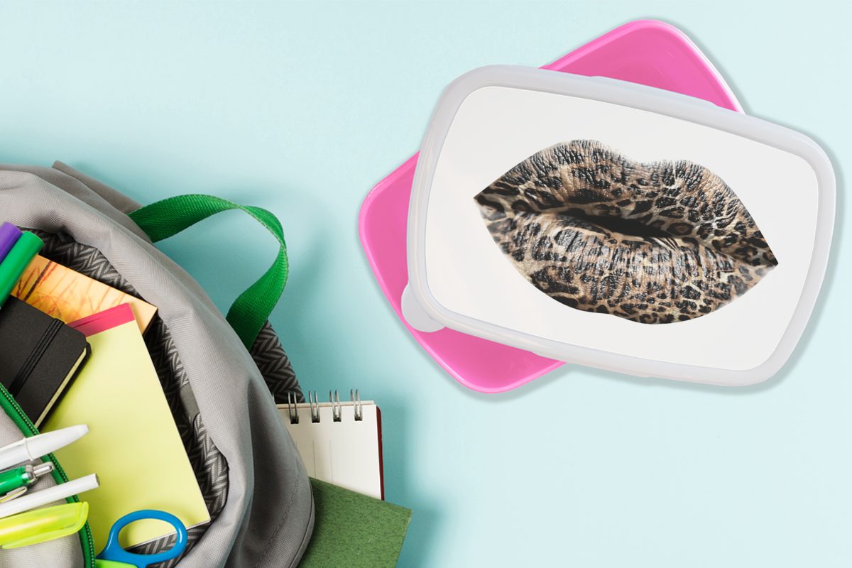 MuchoWow Lunchbox Lippen - Kunststoff (2-tlg), Brotbox Kinder, Mädchen, - Tigerdruck rosa Weiß, Brotdose Snackbox, Erwachsene, für Kunststoff