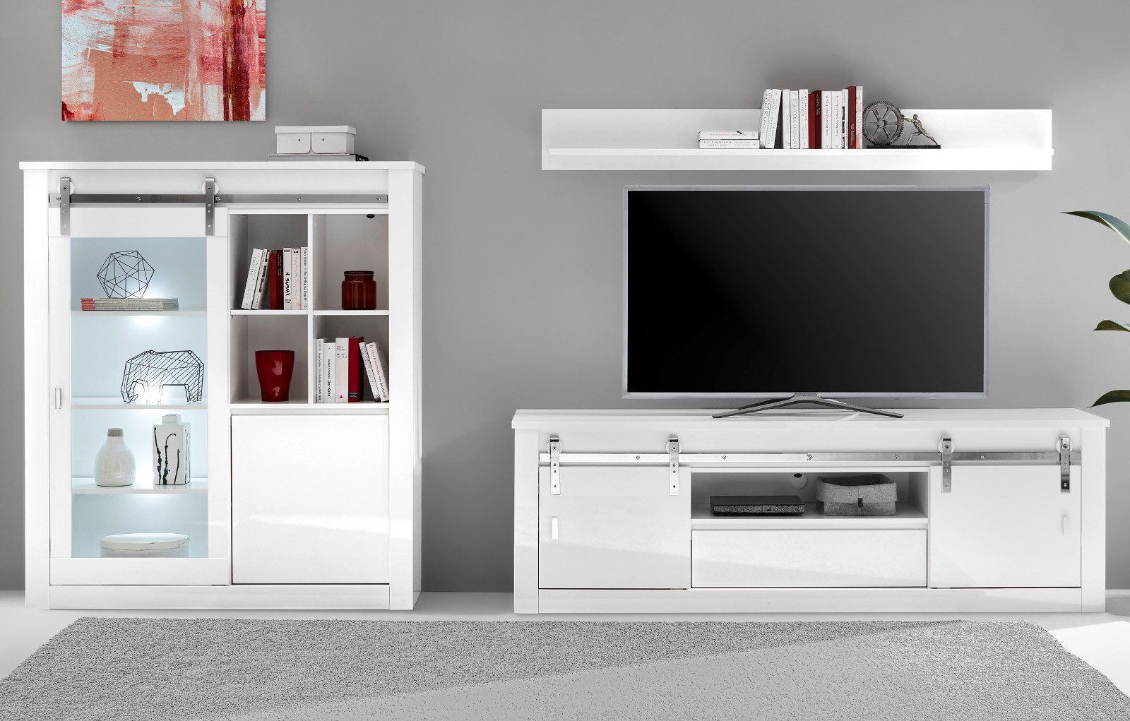 Furn.Design Wohnwand Miami, (Set 3-teilig in Weiß Hochglanz mit Chrom, Vitrine, Wandregal und großes TV-Lowboard), Soft-Close und Schiebetüren an Chrom-Reling
