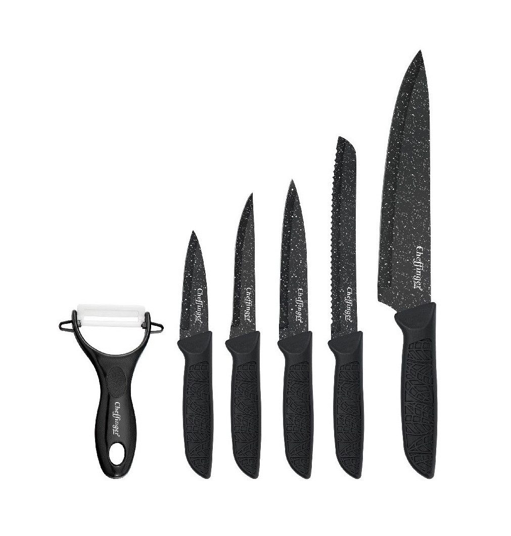 Cheffinger Messer-Set mit Schäler in Schwarz - vielseitig & ergonomisch, 6-teilig (6-tlg), Edelstahl, 6-teilig