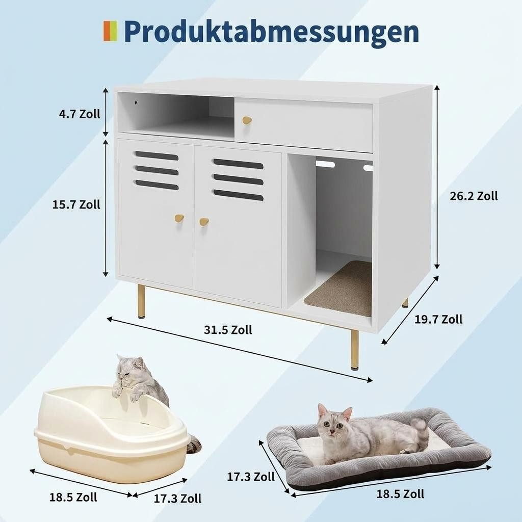 GarveeMore Katzenhaus Katzentoiletten-Schrank mit Seitentür, Schublade, Doppeltür, Belüftung, 4 Schrankfüße, 1 halb offenes Fach, 2 vollständig offene Fächer