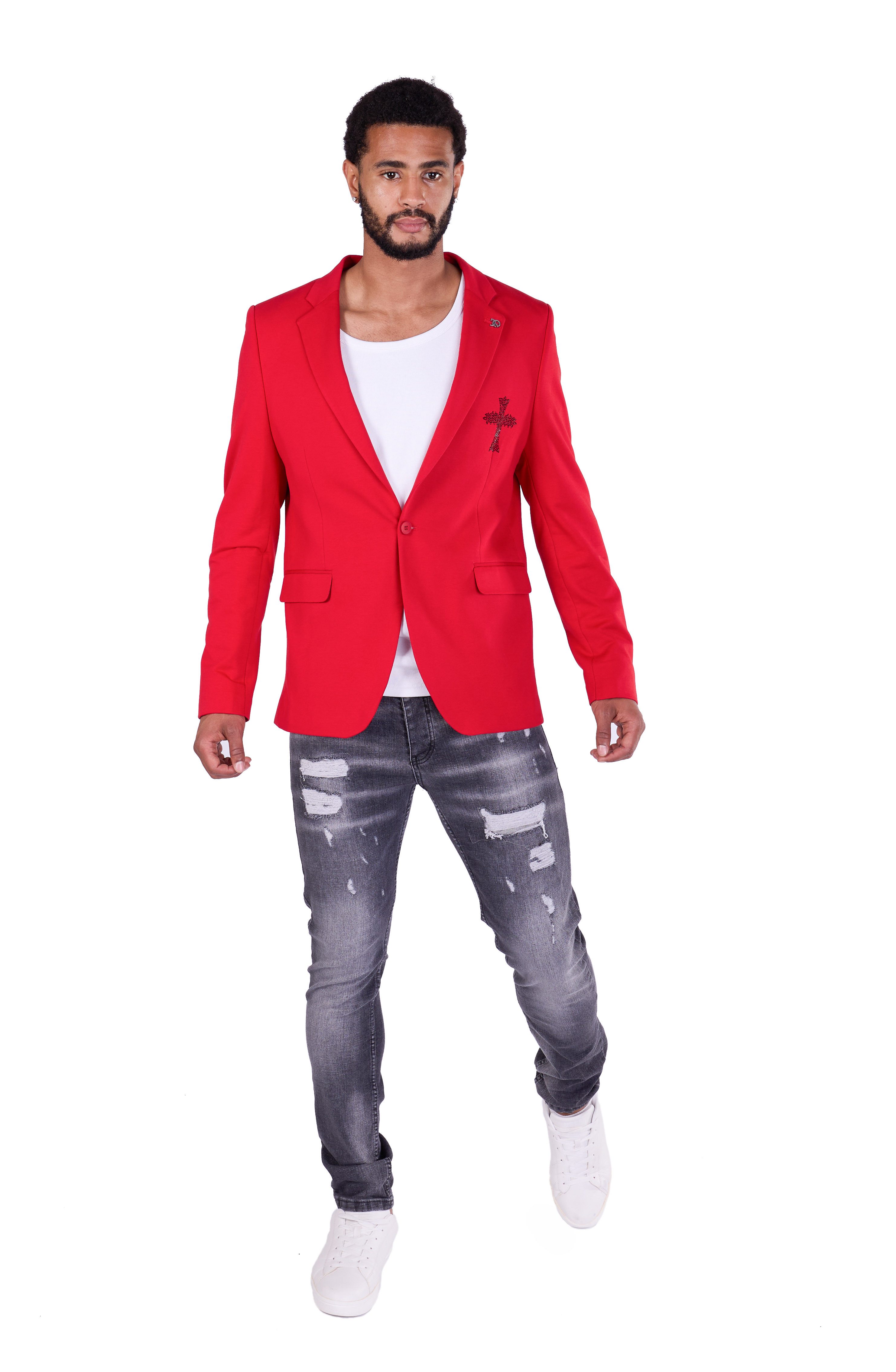 Denim Distriqt Sakko Designer Slim Fit Strass Herren Sakko Rot 48