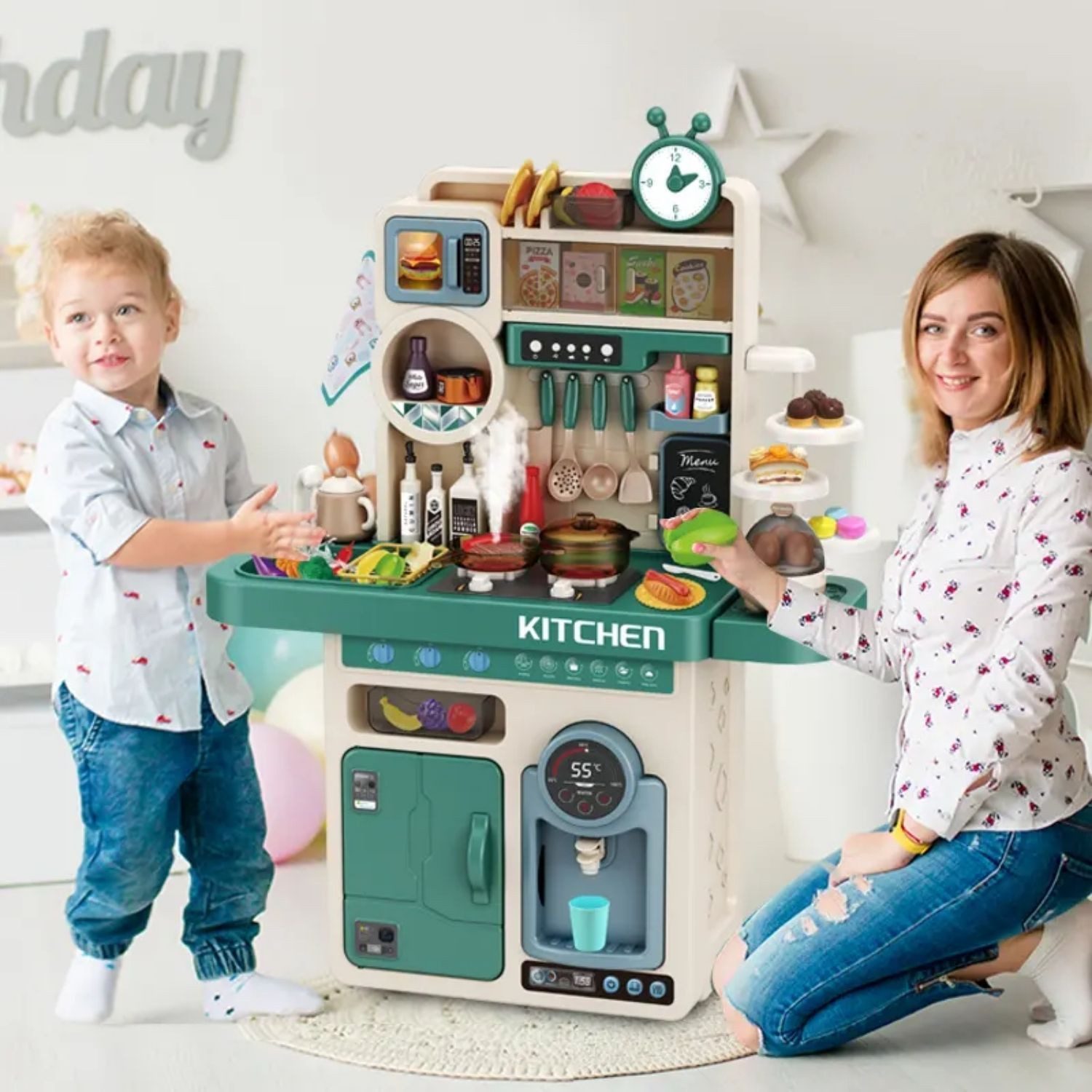 Coemo Spielküche TONY Kunststoff, Türkis Kinderküche Herd mit glühendem Licht Sound "Dampf" 93 Teile